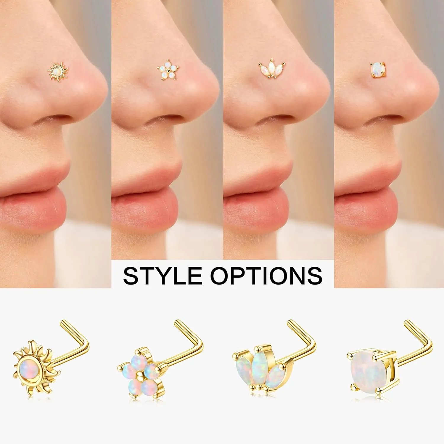 JOERICA Nose Rings Studs for Women Stainless Steel L Shaped Nose Studs Tiny Opal CZ Sunflower Turquoise Bee Planet Geometric Nose Piercing Jewelry