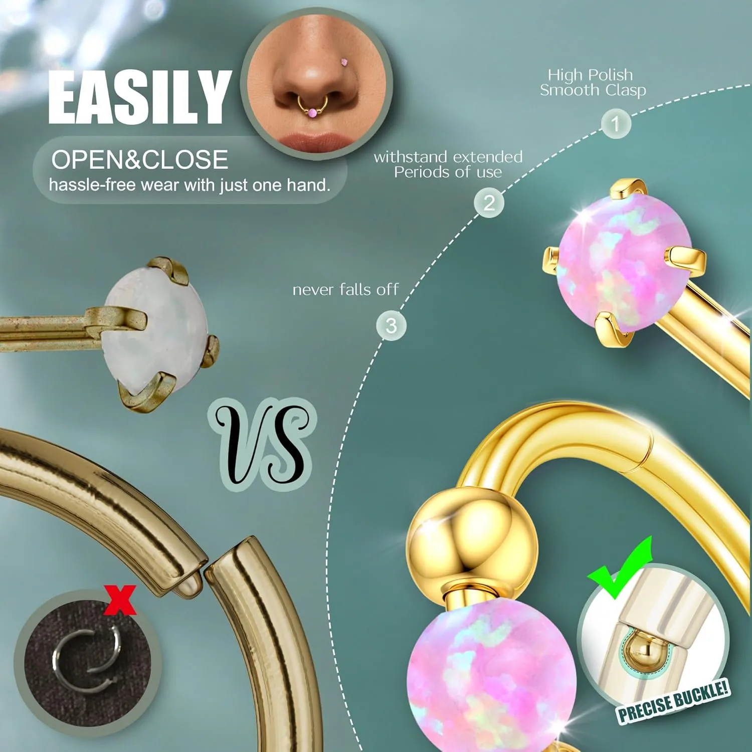Jstyle 8 Pcs Nose Rings Set for Women Men Hypoallergenic 316L Stainless Steel Nose Studs 20G Opal Nose Rings Hoops 8/10MM Septum Cartilage Helix Rook 2nd/3rd Earlobe Lip Piercings