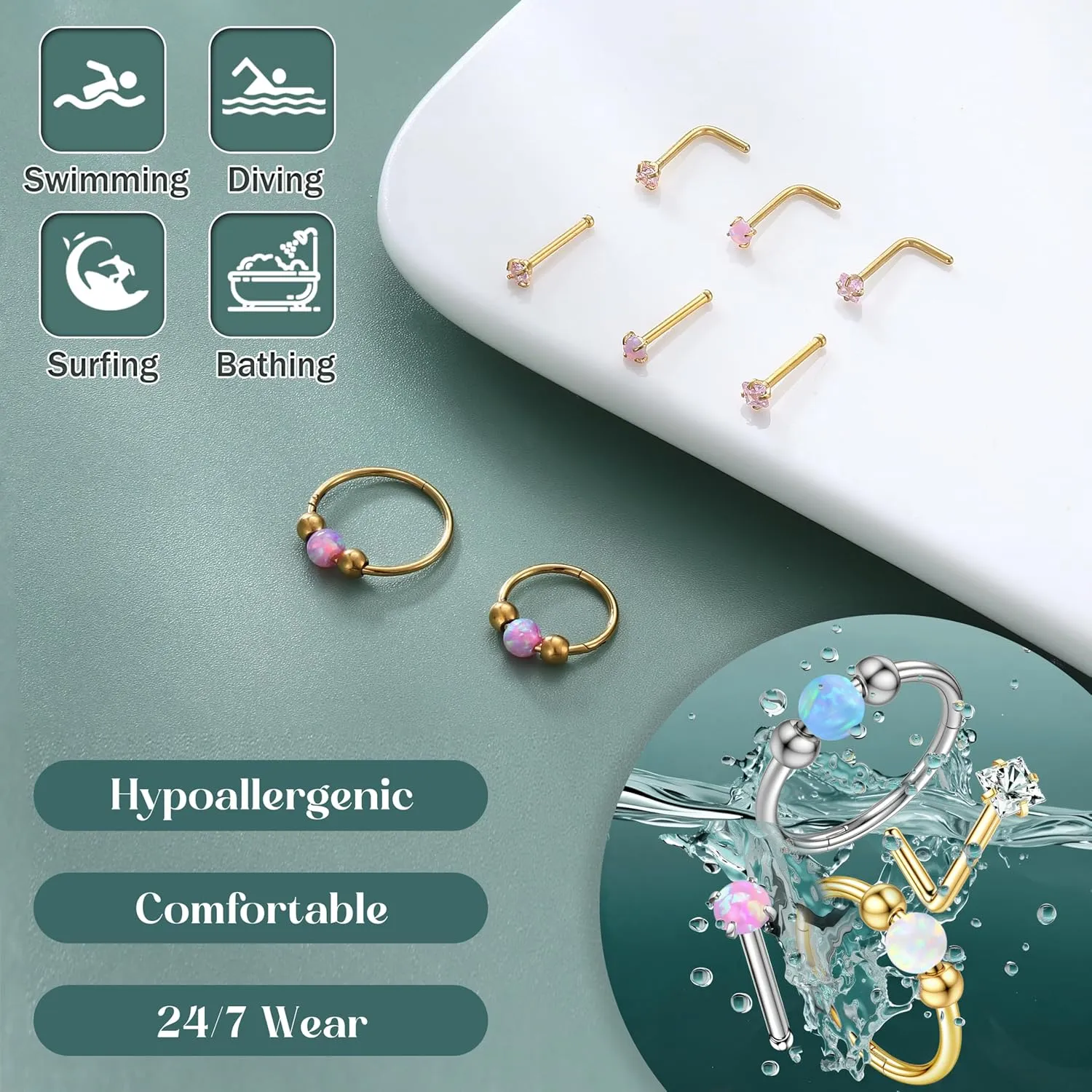 Jstyle 8 Pcs Nose Rings Set for Women Men Hypoallergenic 316L Stainless Steel Nose Studs 20G Opal Nose Rings Hoops 8/10MM Septum Cartilage Helix Rook 2nd/3rd Earlobe Lip Piercings