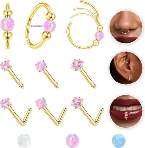 Jstyle 8 Pcs Nose Rings Set for Women Men Hypoallergenic 316L Stainless Steel Nose Studs 20G Opal Nose Rings Hoops 8/10MM Septum Cartilage Helix Rook 2nd/3rd Earlobe Lip Piercings