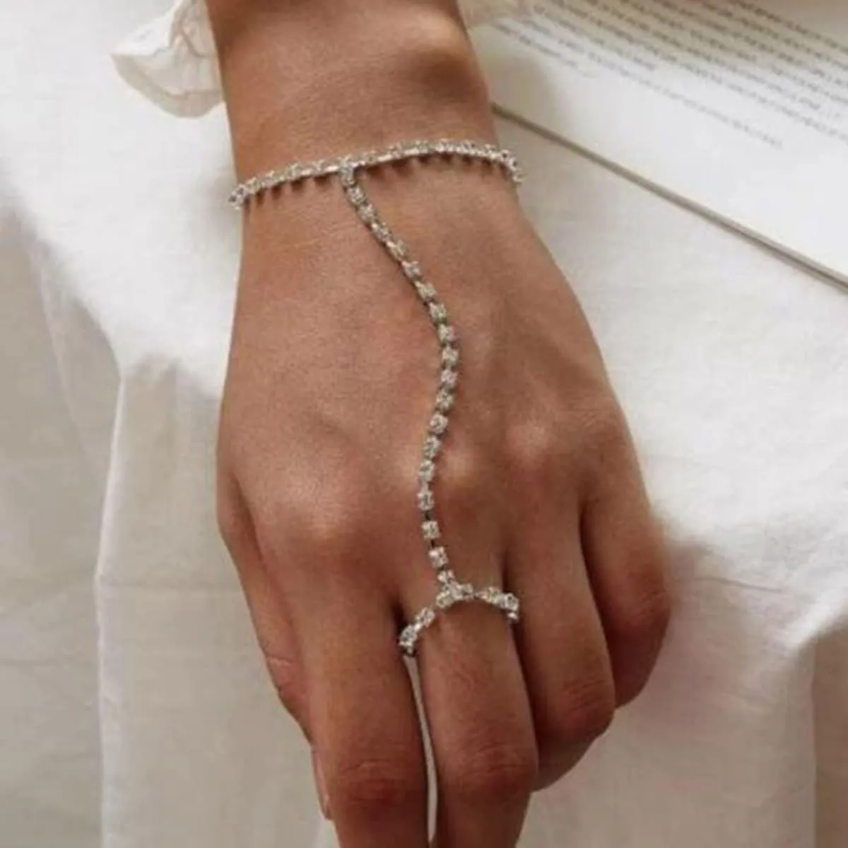 Jumwrit Rhinestone Hand Chain Finger Ring Bracelet Tennis Chain Hand Harness Bracelet with Ring for WomenSilver