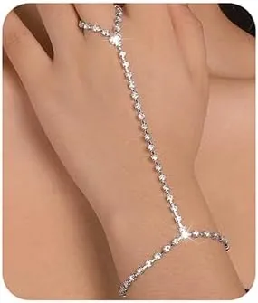 Jumwrit Rhinestone Hand Chain Finger Ring Bracelet Tennis Chain Hand Harness Bracelet with Ring for WomenSilver