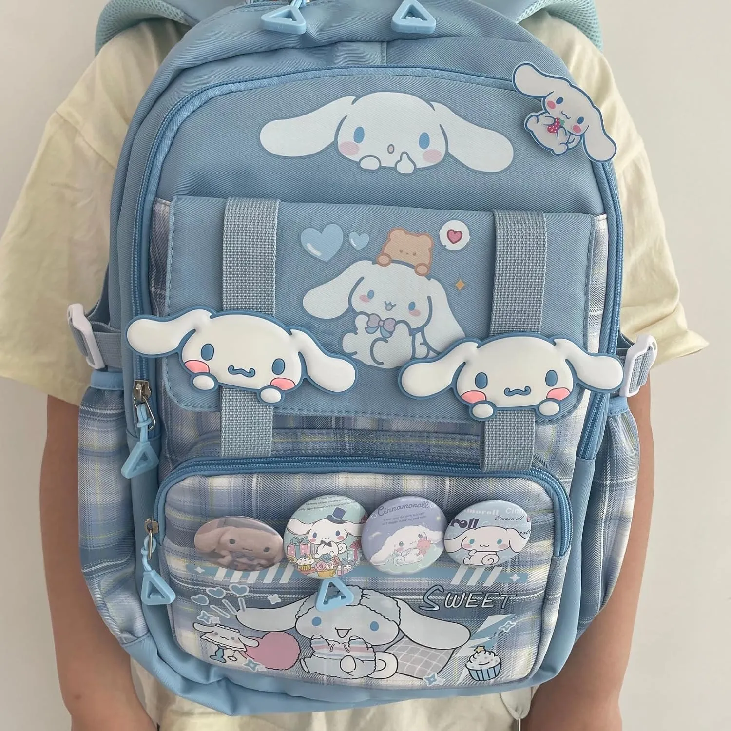 Kawaii Backpack with 21Pcs Accessories Anime Cartoon Anti-Theft Travel Aesthetic New Semester Gifts Bag with Cute Pins