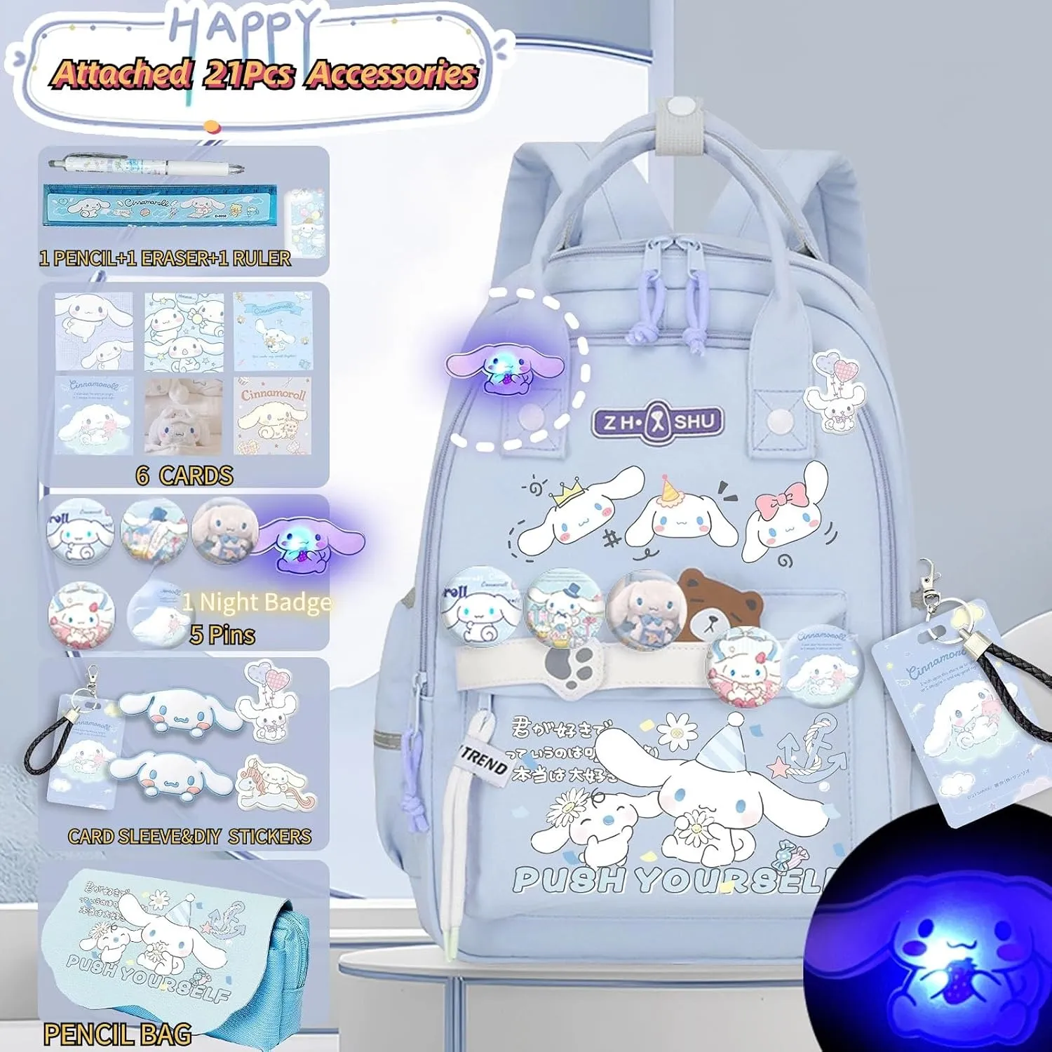 Kawaii Backpack with 21Pcs Accessories Anime Cartoon Anti-Theft Travel Aesthetic New Semester Gifts Bag with Cute Pins