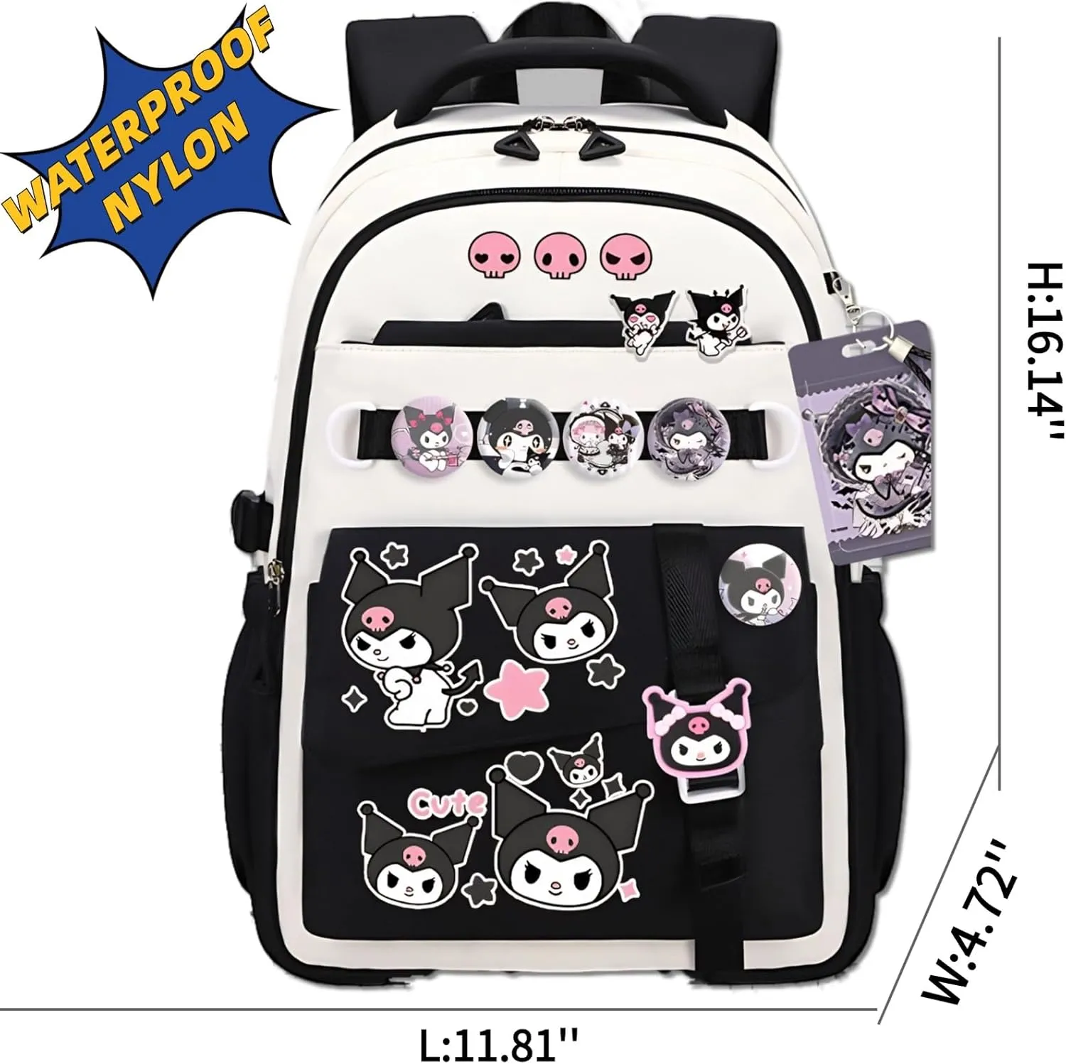 Kawaii Backpack with 21Pcs Accessories Anime Cartoon Anti-Theft Travel Aesthetic New Semester Gifts Bag with Cute Pins