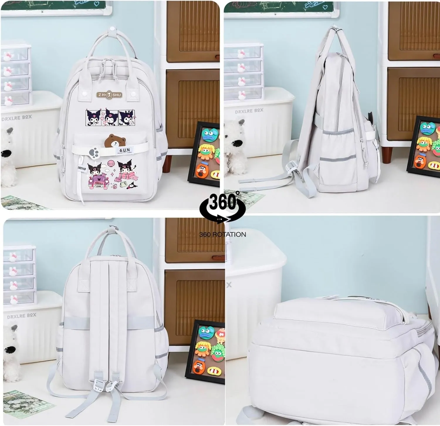 Kawaii Backpack with 21Pcs Accessories Anime Cartoon Anti-Theft Travel Aesthetic New Semester Gifts Bag with Cute Pins