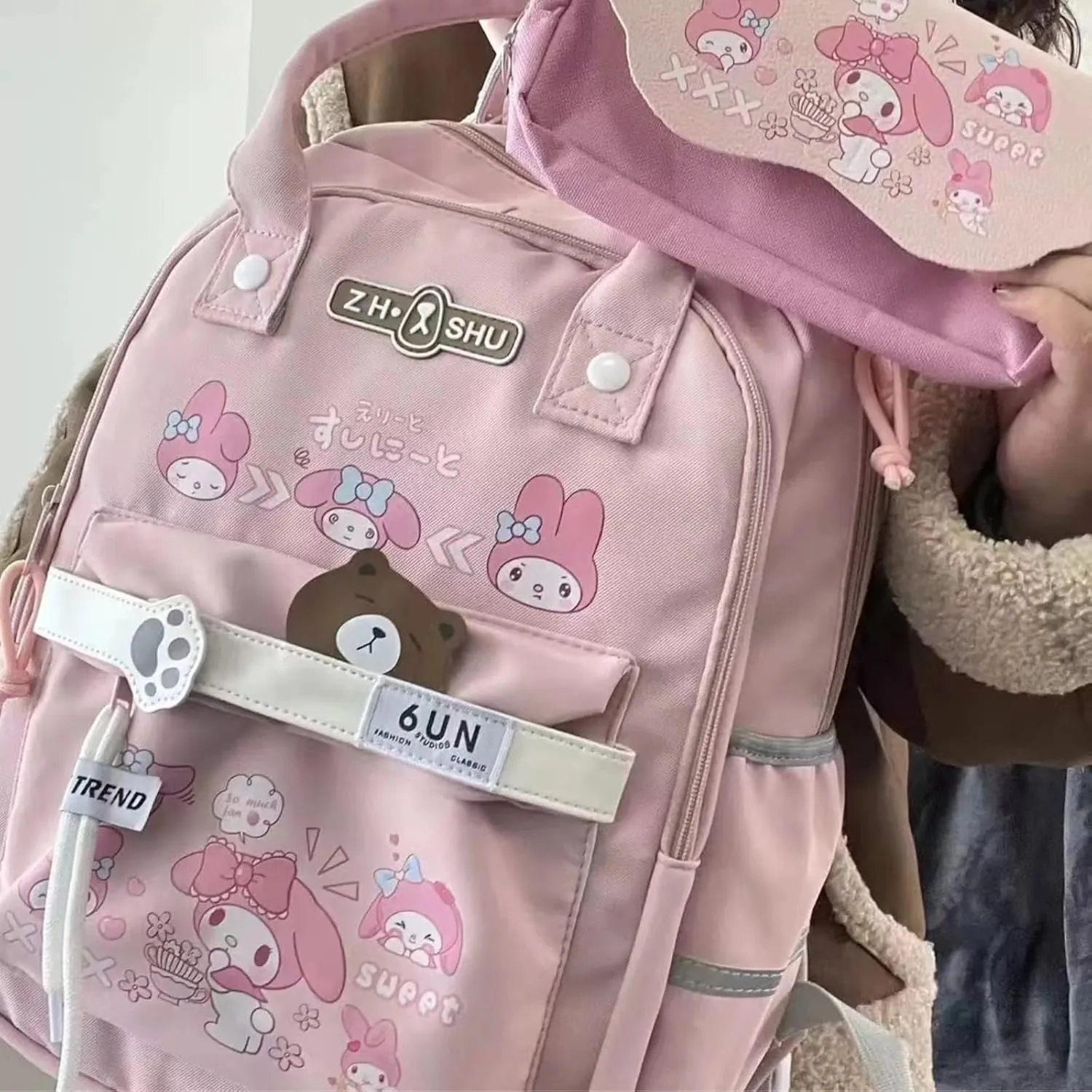 Kawaii Backpack with 21Pcs Accessories Anime Cartoon Anti-Theft Travel Aesthetic New Semester Gifts Bag with Cute Pins