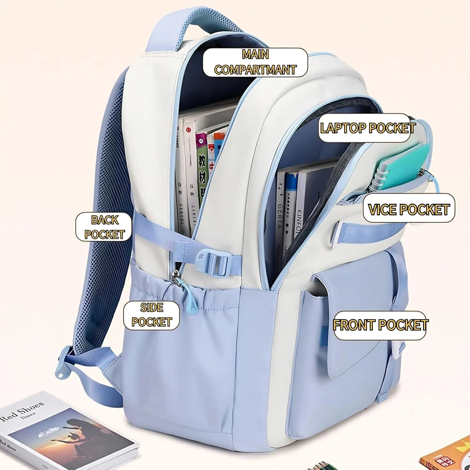 Kawaii Backpack with 21Pcs Accessories Anime Cartoon Anti-Theft Travel Aesthetic New Semester Gifts Bag with Cute Pins