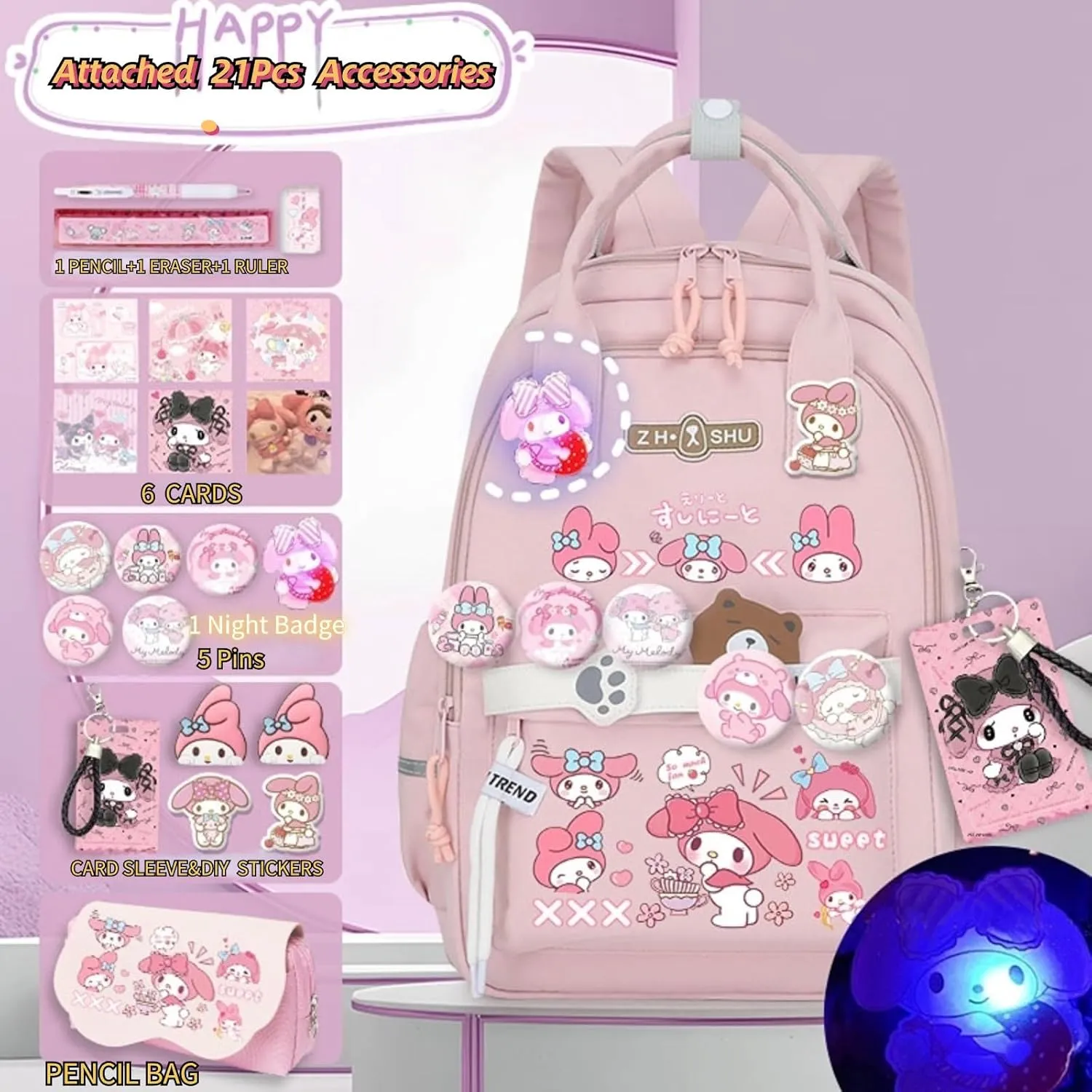 Kawaii Backpack with 21Pcs Accessories Anime Cartoon Anti-Theft Travel Aesthetic New Semester Gifts Bag with Cute Pins