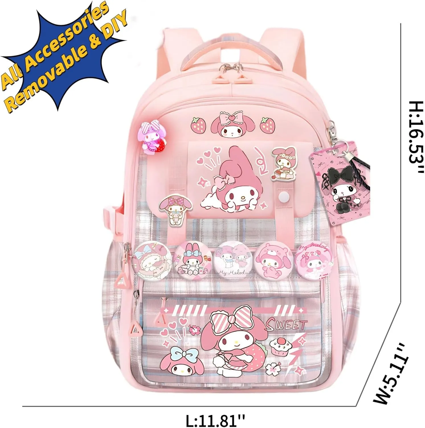 Kawaii Backpack with 21Pcs Accessories Anime Cartoon Anti-Theft Travel Aesthetic New Semester Gifts Bag with Cute Pins