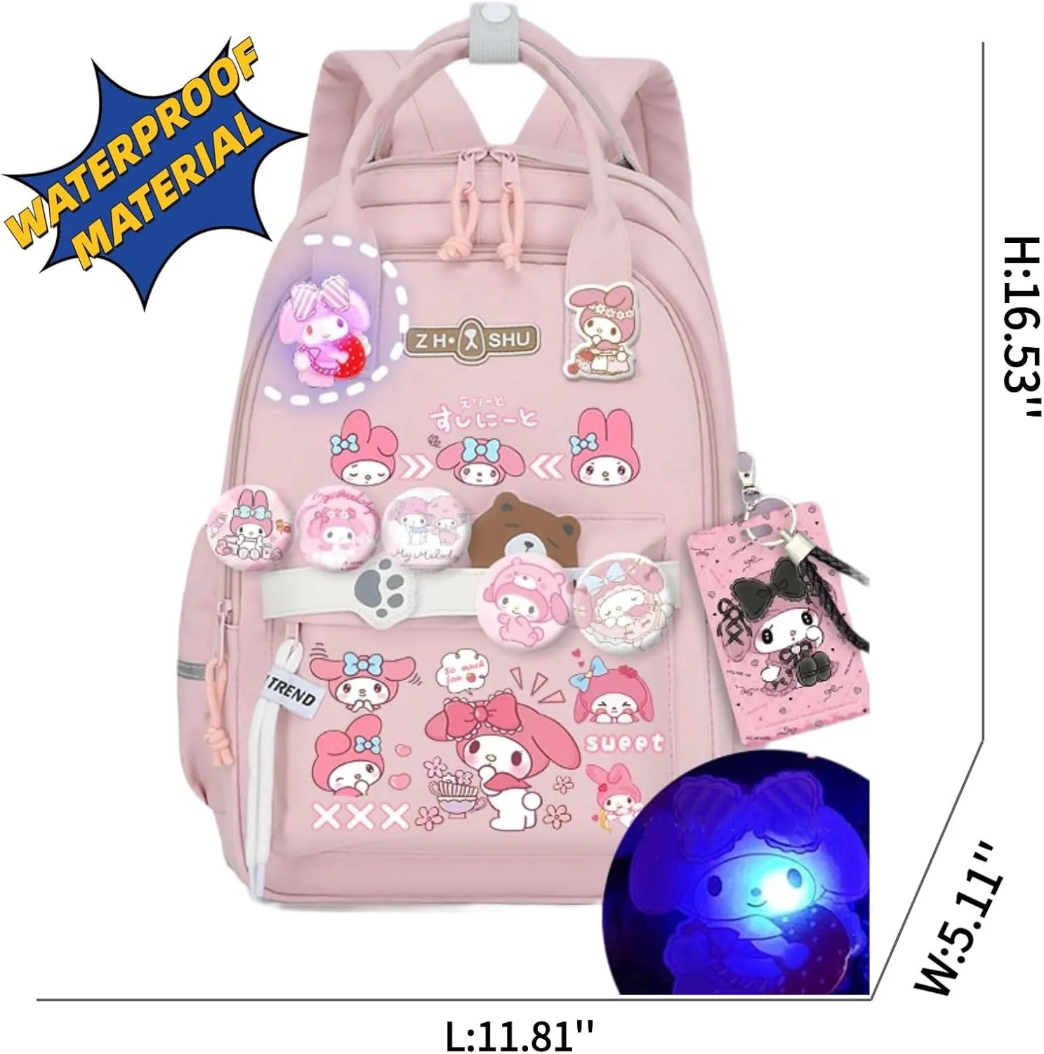Kawaii Backpack with 21Pcs Accessories Anime Cartoon Anti-Theft Travel Aesthetic New Semester Gifts Bag with Cute Pins