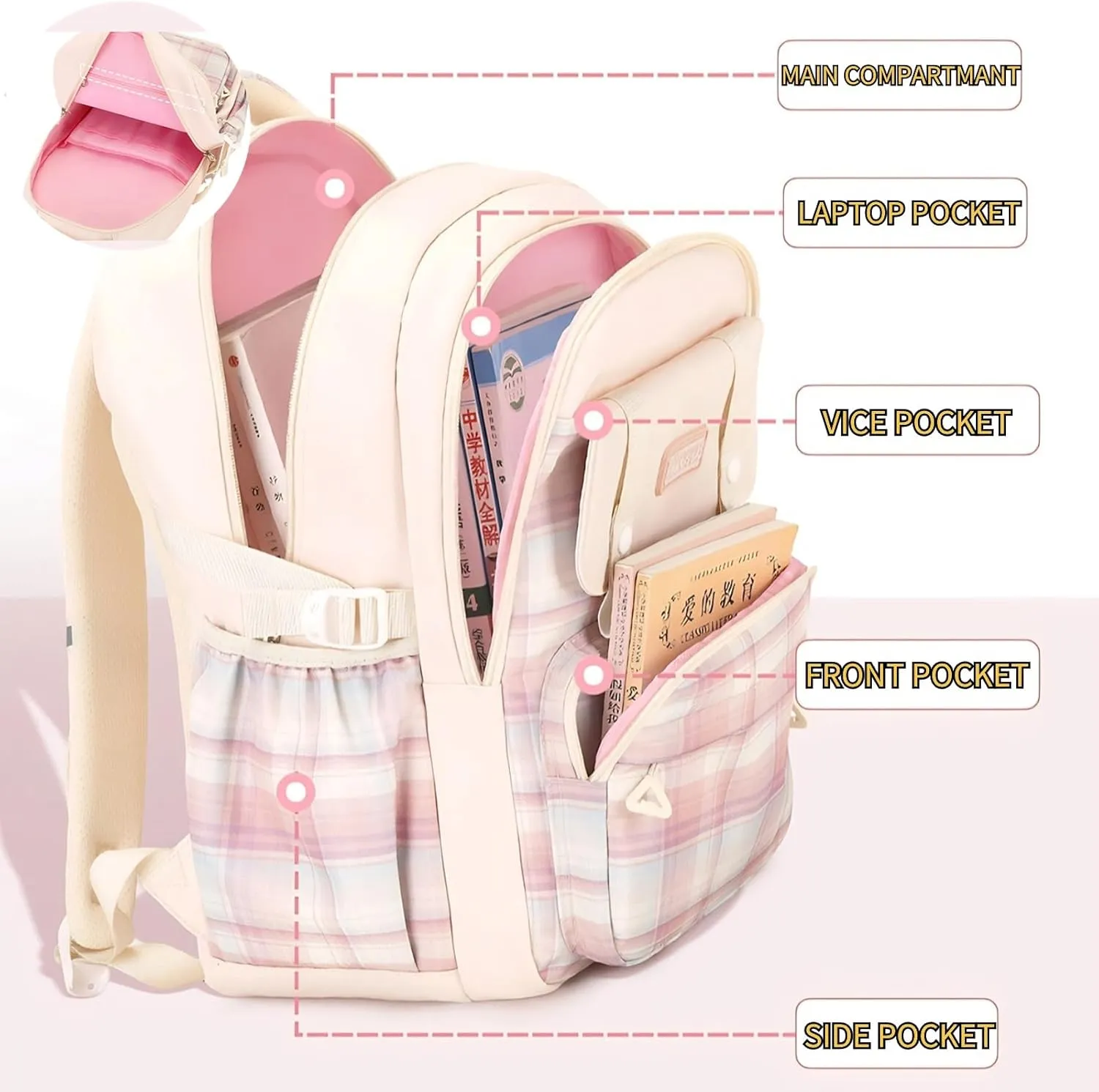 Kawaii Backpack with 21Pcs Accessories Anime Cartoon Anti-Theft Travel Aesthetic New Semester Gifts Bag with Cute Pins