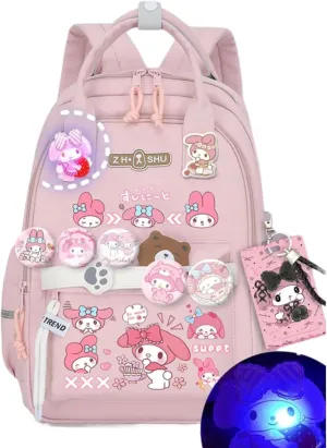 Kawaii Backpack with 21Pcs Accessories Anime Cartoon Anti-Theft Travel Aesthetic New Semester Gifts Bag with Cute Pins