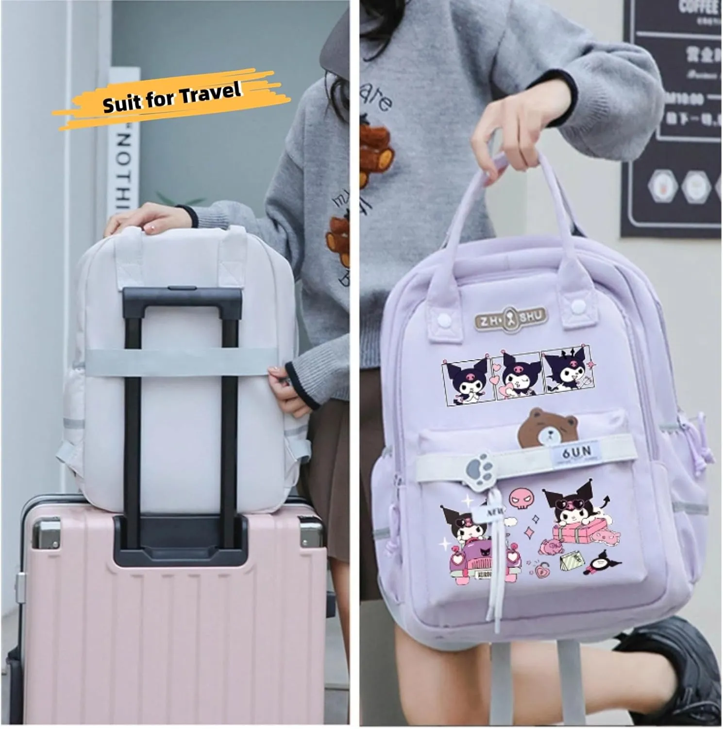 Kawaii Backpack with 21Pcs Accessories Anime Cartoon Anti-Theft Travel Aesthetic New Semester Gifts Bag with Cute Pins