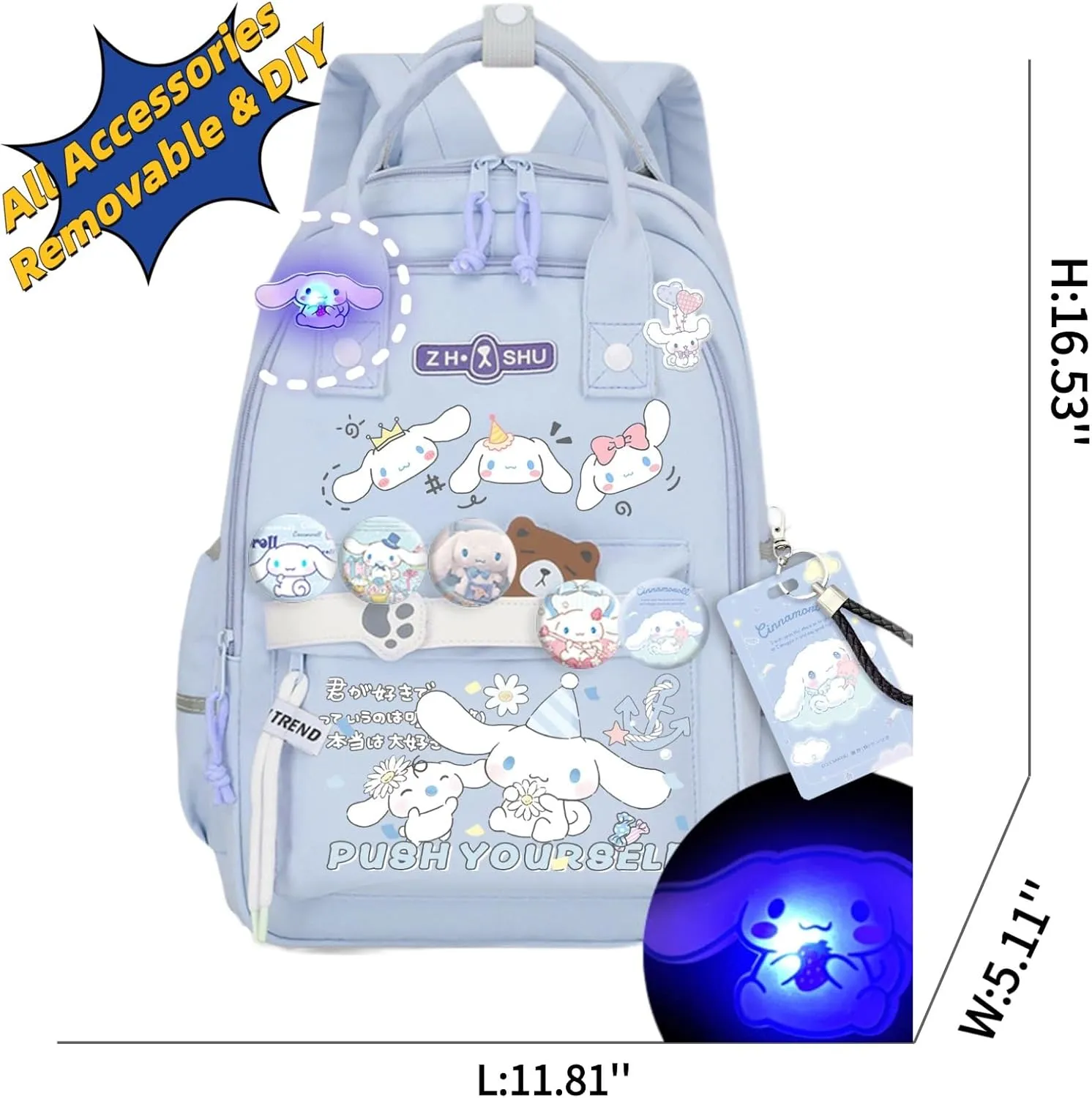 Kawaii Backpack with 21Pcs Accessories Anime Cartoon Anti-Theft Travel Aesthetic New Semester Gifts Bag with Cute Pins