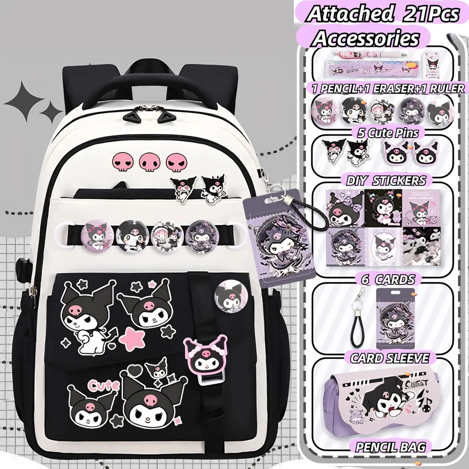 Kawaii Backpack with 21Pcs Accessories Anime Cartoon Anti-Theft Travel Aesthetic New Semester Gifts Bag with Cute Pins