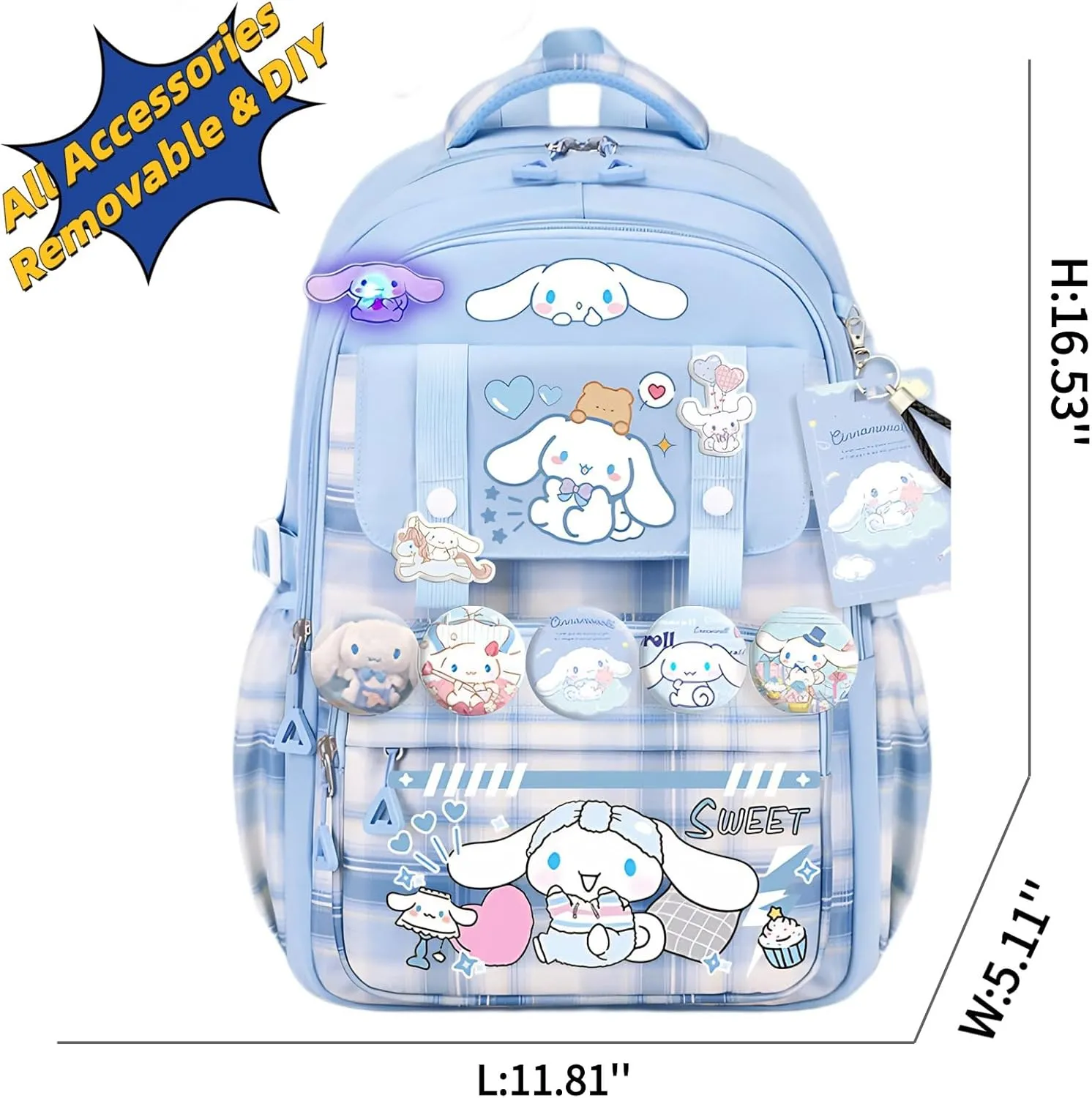 Kawaii Backpack with 21Pcs Accessories Anime Cartoon Anti-Theft Travel Aesthetic New Semester Gifts Bag with Cute Pins