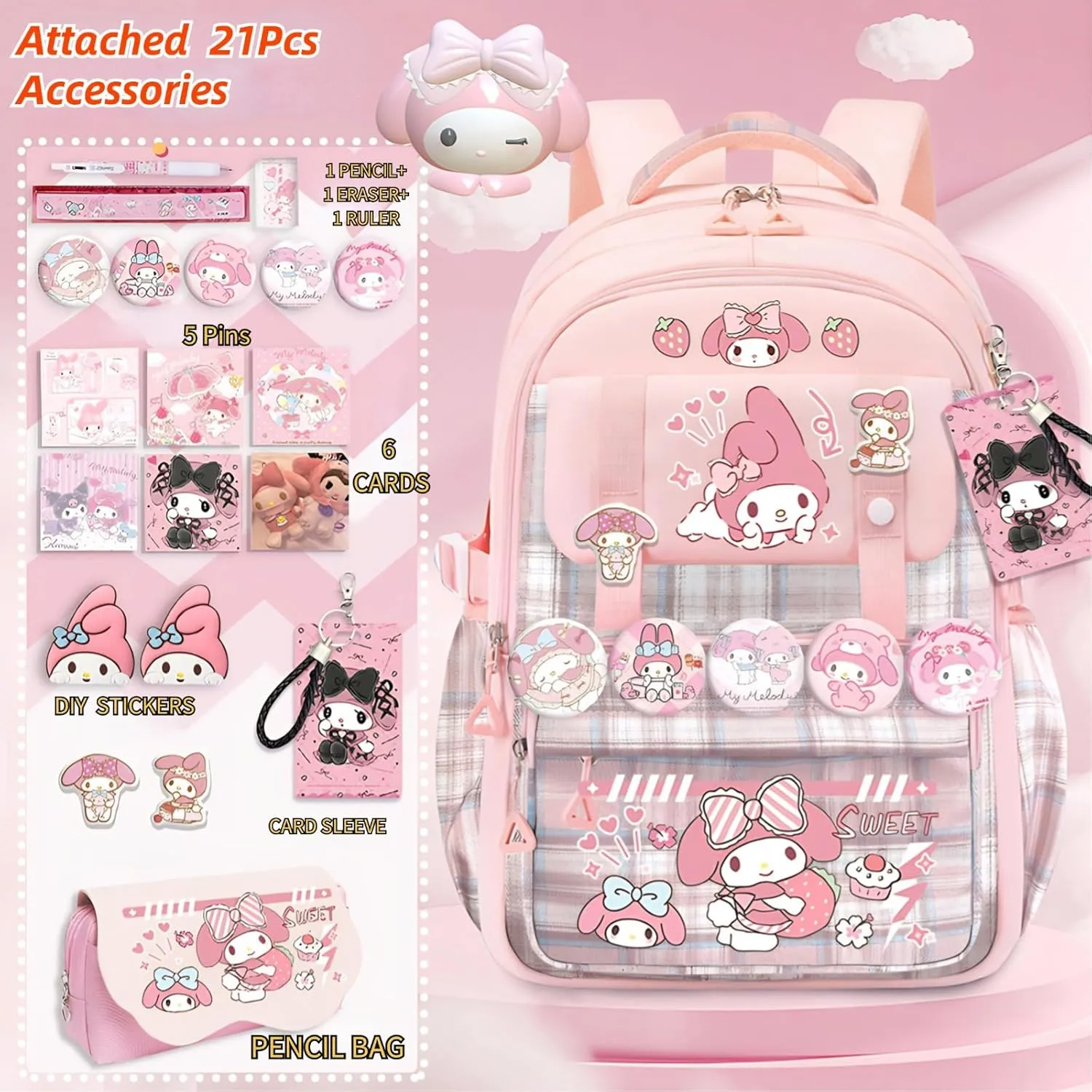Kawaii Backpack with 21Pcs Accessories Anime Cartoon Anti-Theft Travel Aesthetic New Semester Gifts Bag with Cute Pins