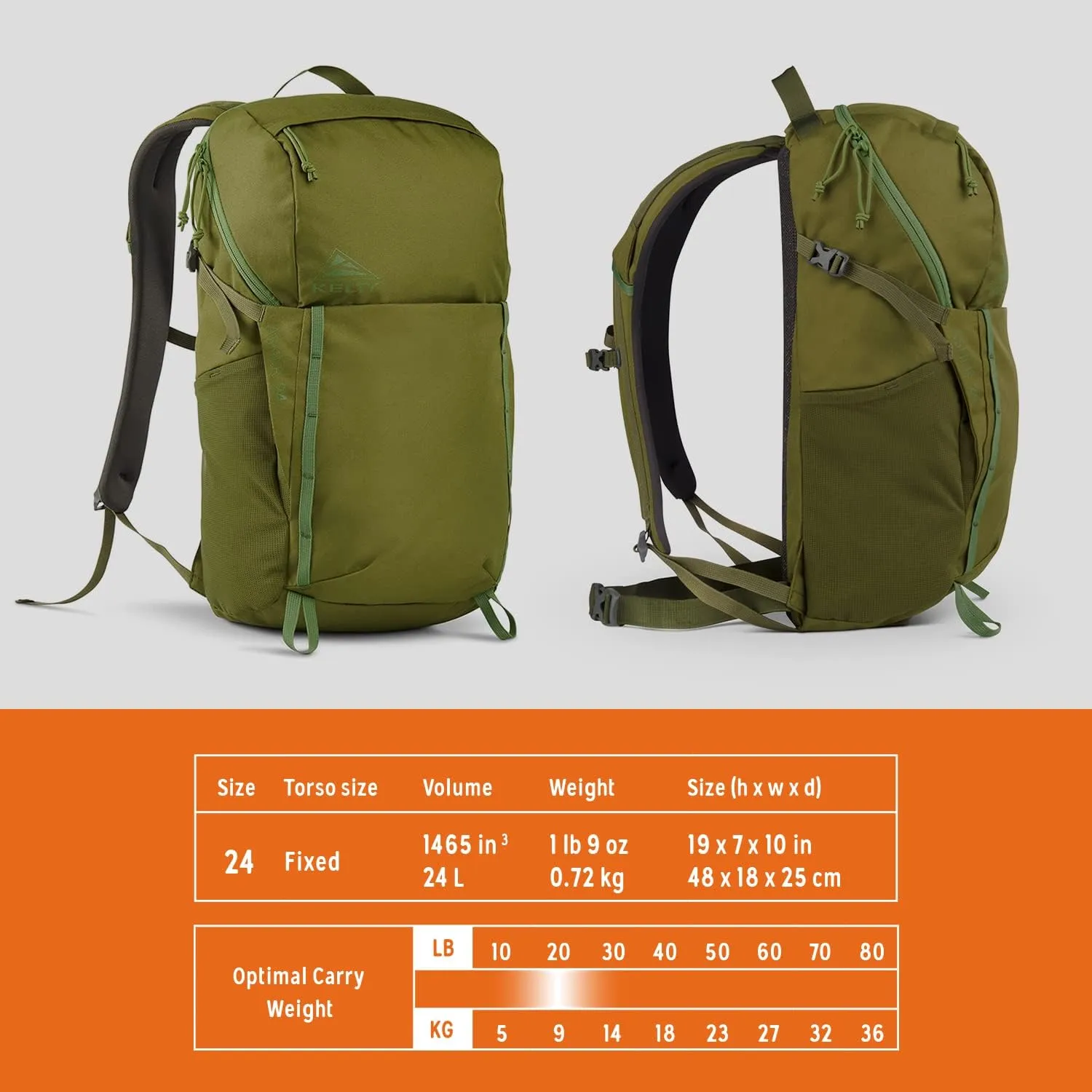 Kelty Asher Day Hiking Pack, 18-85 Liter Capacity, Mens and Womens Hiking, Backpacking, Travel Pack, Hydration Compatible, Internal Frame 2023 Model (24L Moss)