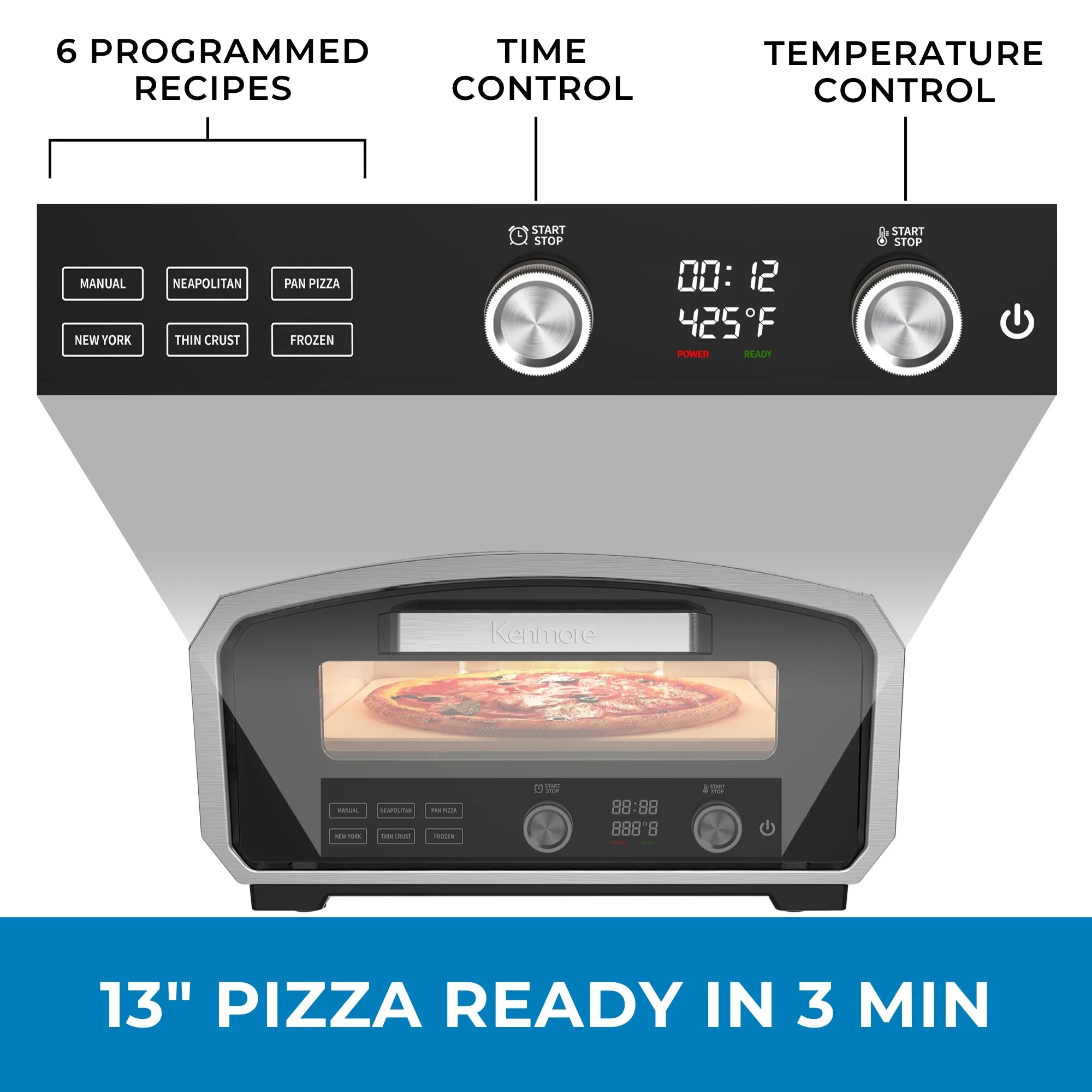 Kenmore Outdoor/Indoor Electric Pizza Oven – Cooks 13” Pizza In Minutes | 850°F For Wood Fired Taste | Weather-Resistant Portable Countertop Oven | 5 Presets | Pizza Stone & Peel | Stainless Steel
