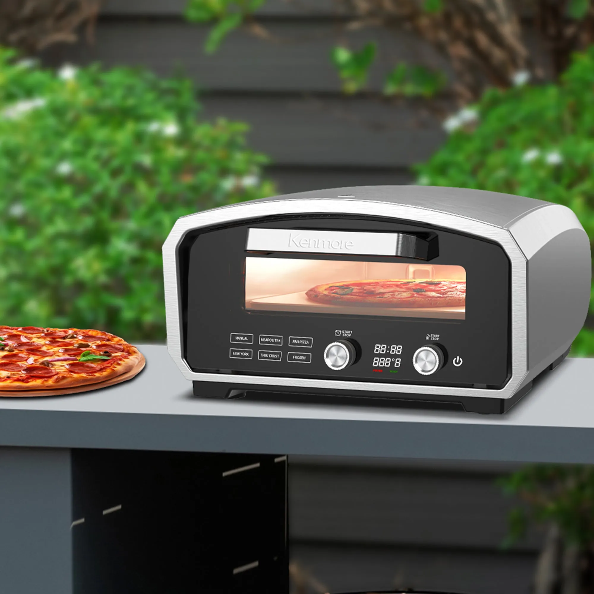 Kenmore Outdoor/Indoor Electric Pizza Oven – Cooks 13” Pizza In Minutes | 850°F For Wood Fired Taste | Weather-Resistant Portable Countertop Oven | 5 Presets | Pizza Stone & Peel | Stainless Steel