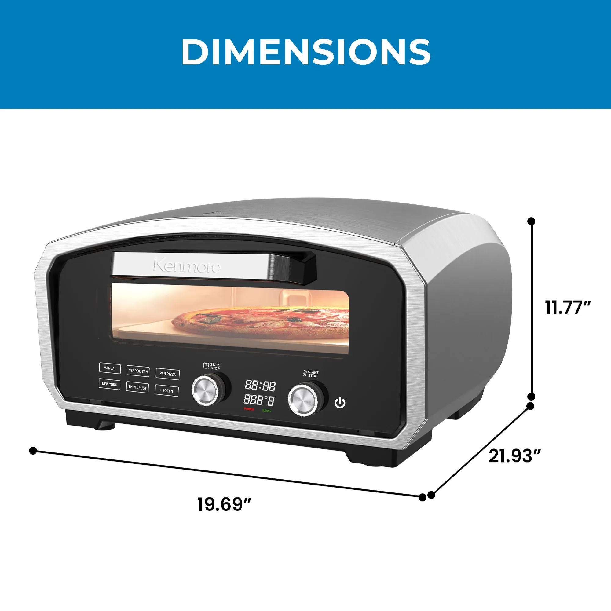 Kenmore Outdoor/Indoor Electric Pizza Oven – Cooks 13” Pizza In Minutes | 850°F For Wood Fired Taste | Weather-Resistant Portable Countertop Oven | 5 Presets | Pizza Stone & Peel | Stainless Steel