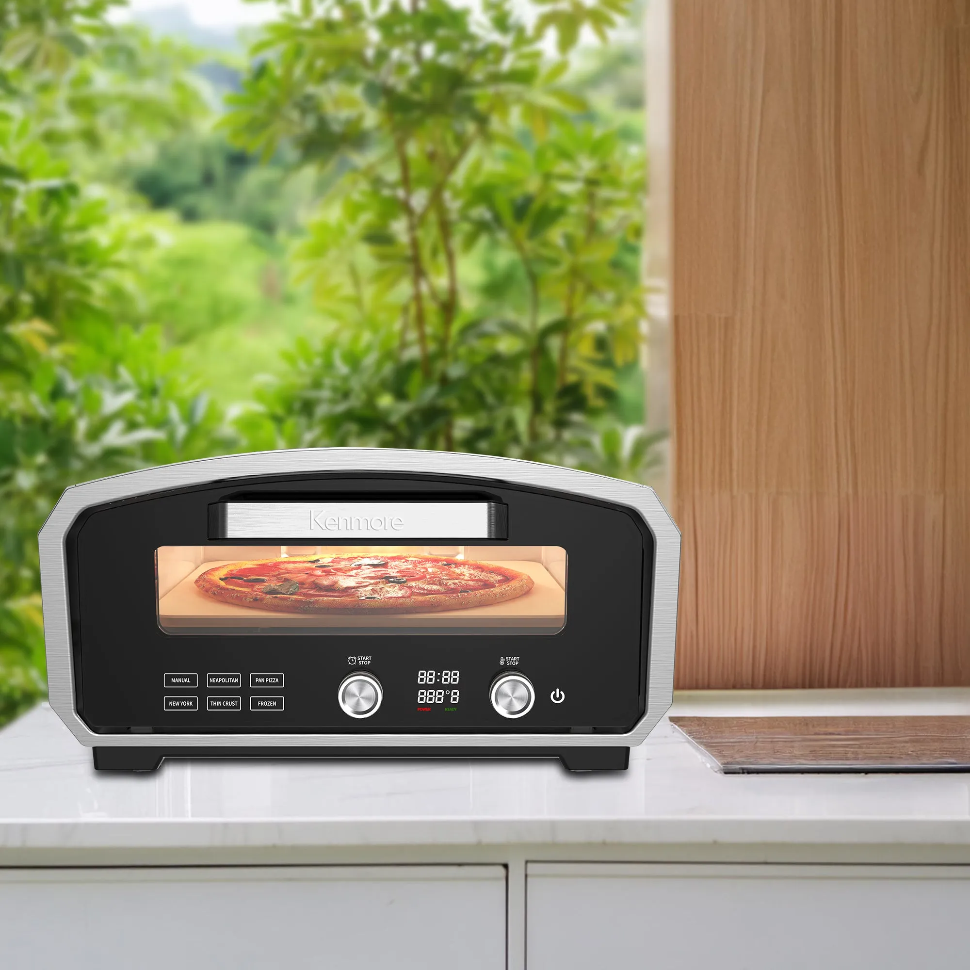 Kenmore Outdoor/Indoor Electric Pizza Oven – Cooks 13” Pizza In Minutes | 850°F For Wood Fired Taste | Weather-Resistant Portable Countertop Oven | 5 Presets | Pizza Stone & Peel | Stainless Steel