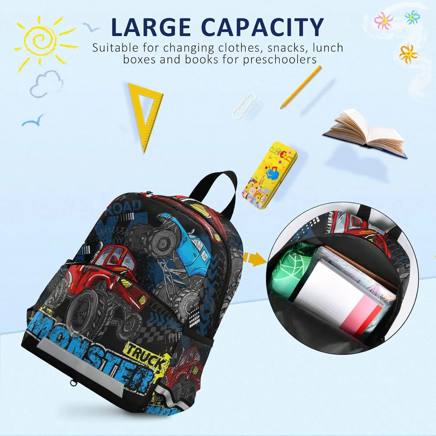 Kids Backpack,Monster Truck Lane Track Lightweight Preschool Backpack for Toddlers Boys Girls with Chest clip One Size
