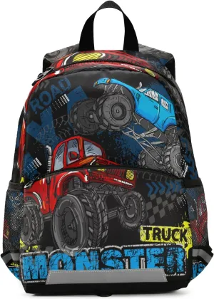 Kids Backpack,Monster Truck Lane Track Lightweight Preschool Backpack for Toddlers Boys Girls with Chest clip One Size