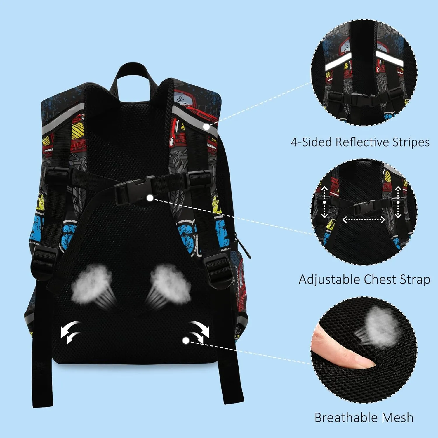 Kids Backpack,Monster Truck Lane Track Lightweight Preschool Backpack for Toddlers Boys Girls with Chest clip One Size