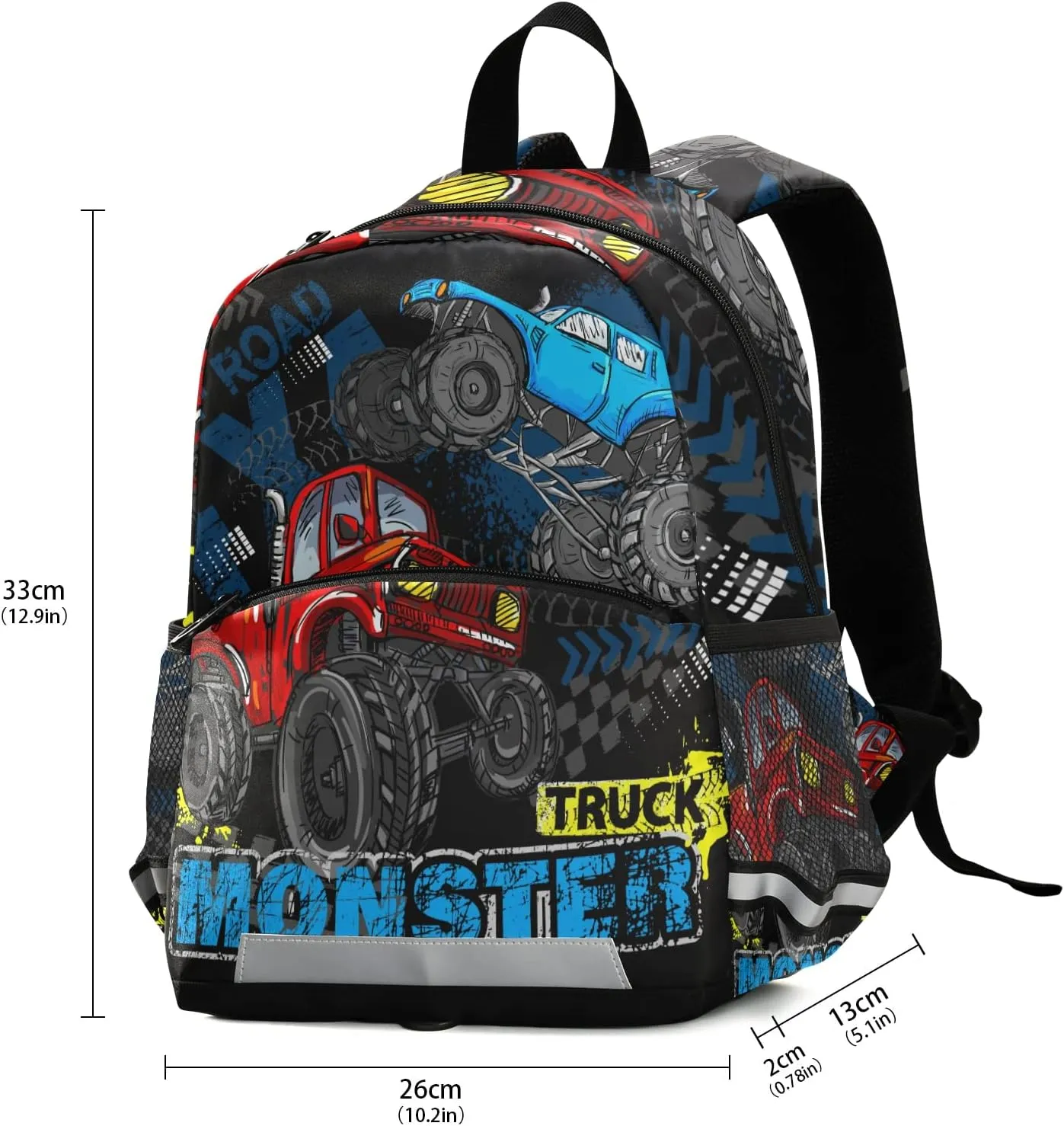 Kids Backpack,Monster Truck Lane Track Lightweight Preschool Backpack for Toddlers Boys Girls with Chest clip One Size