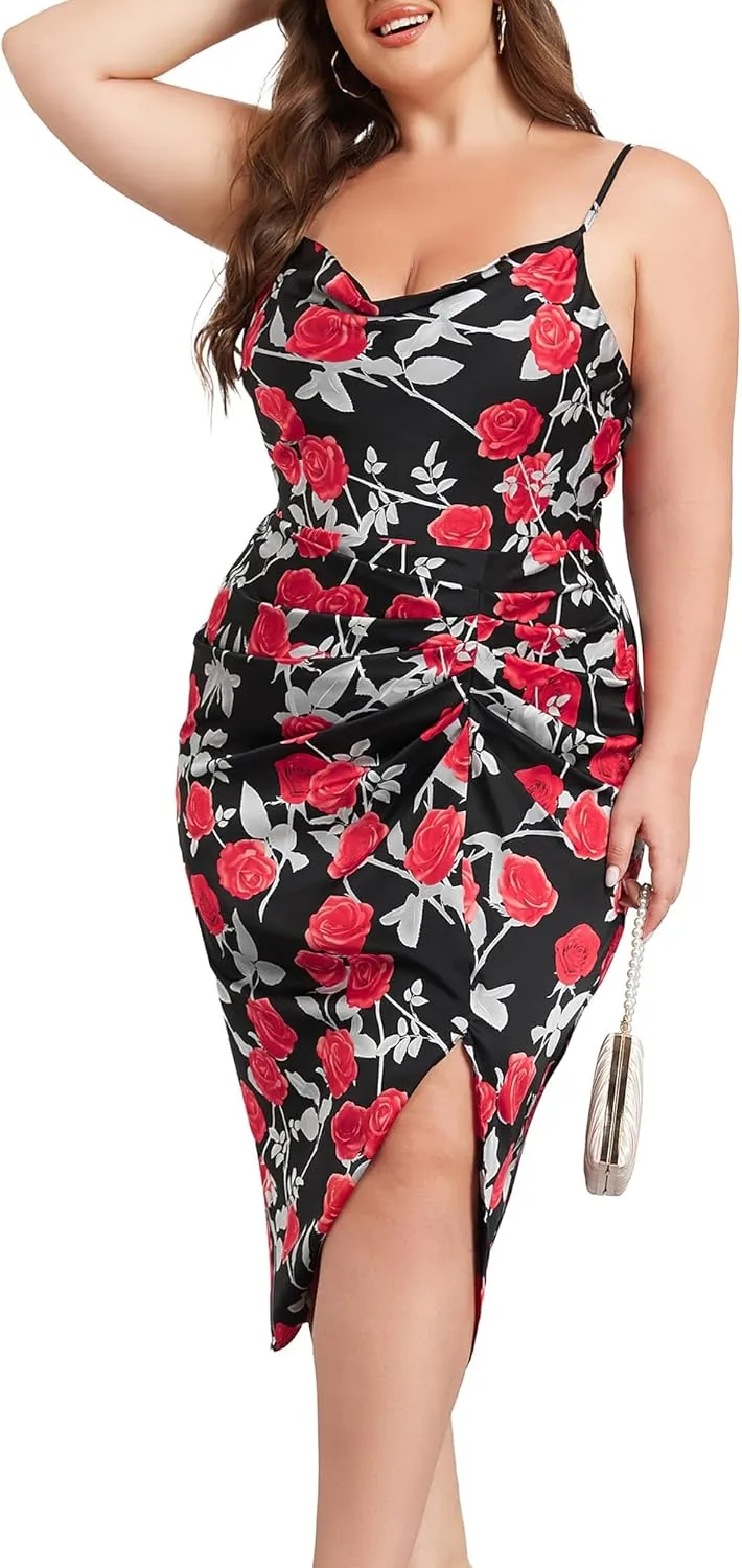 KIMCURVY Women's Plus Size Satin Dress Ruched Spaghetti Strap Cowl Neck Midi Party Cami Dress for Cocktail Party