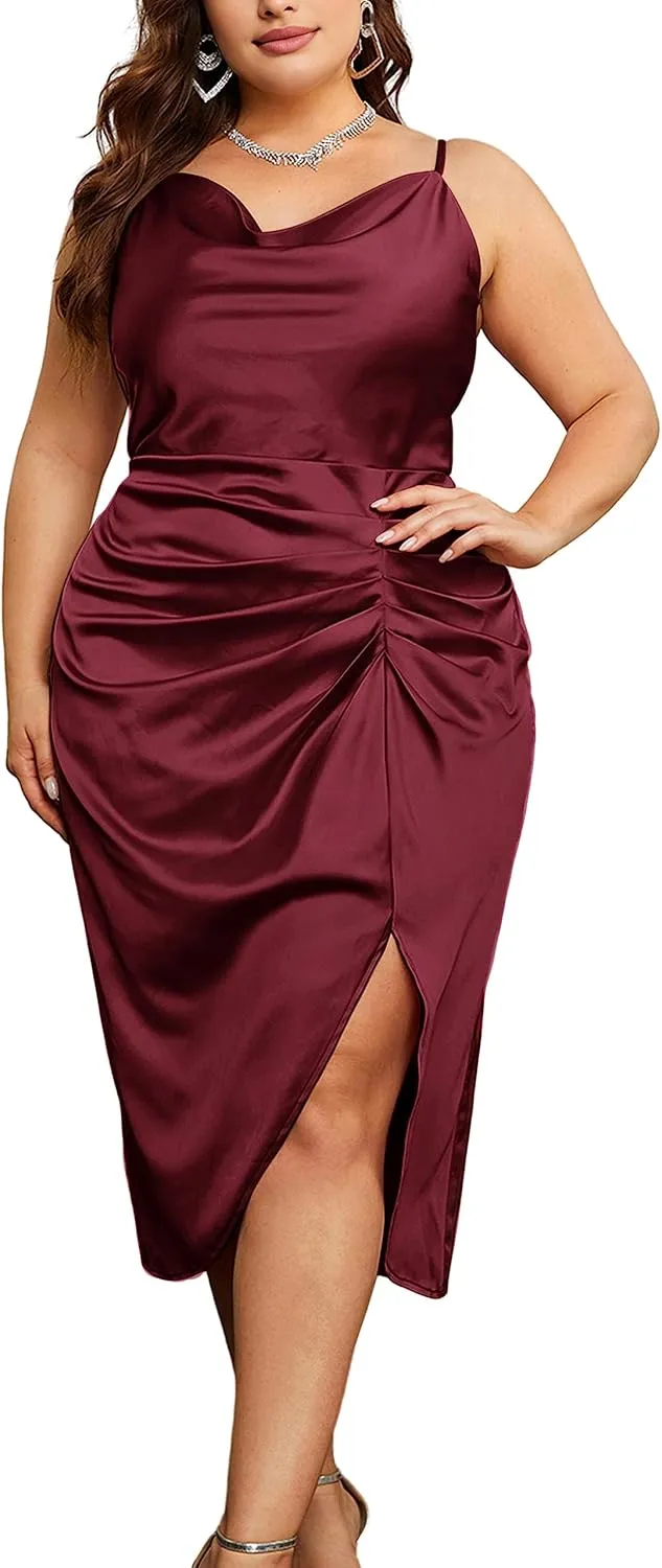 KIMCURVY Women's Plus Size Satin Dress Ruched Spaghetti Strap Cowl Neck Midi Party Cami Dress for Cocktail Party