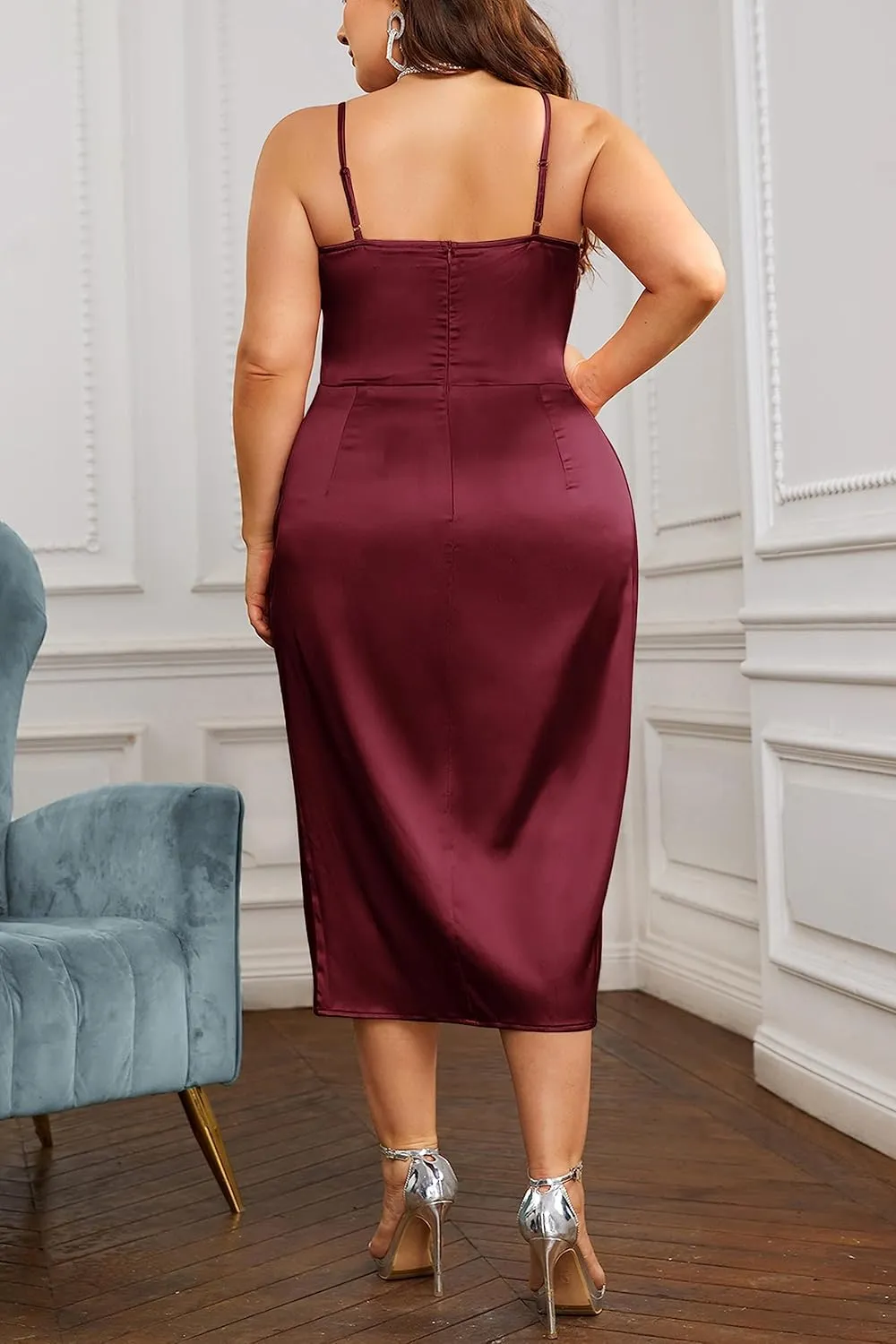 KIMCURVY Women's Plus Size Satin Dress Ruched Spaghetti Strap Cowl Neck Midi Party Cami Dress for Cocktail Party