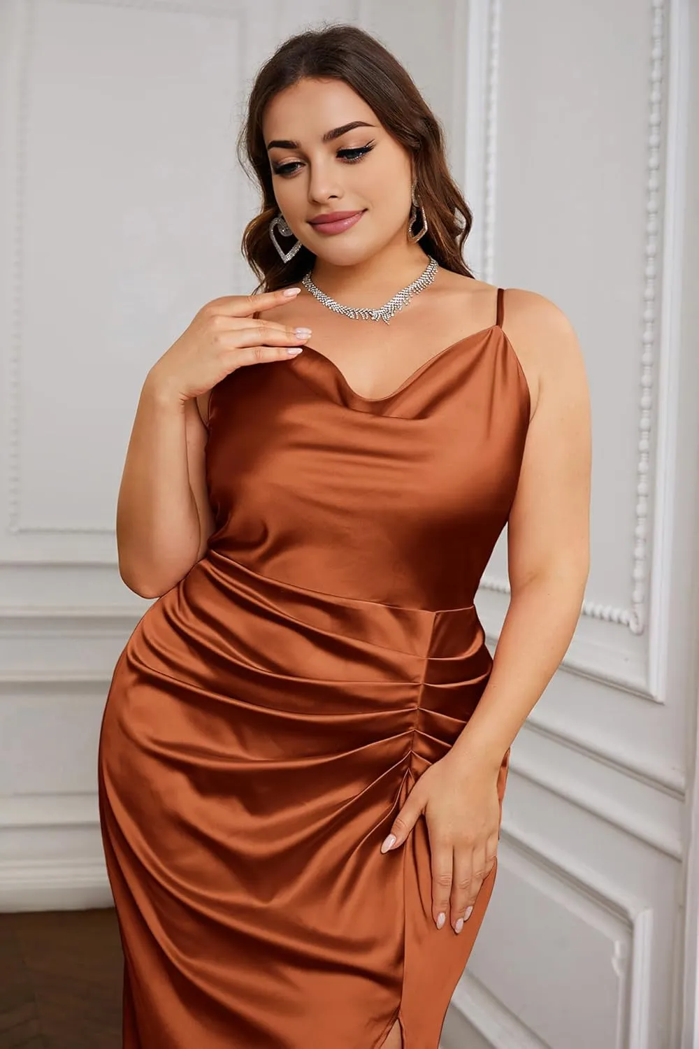 KIMCURVY Women's Plus Size Satin Dress Ruched Spaghetti Strap Cowl Neck Midi Party Cami Dress for Cocktail Party