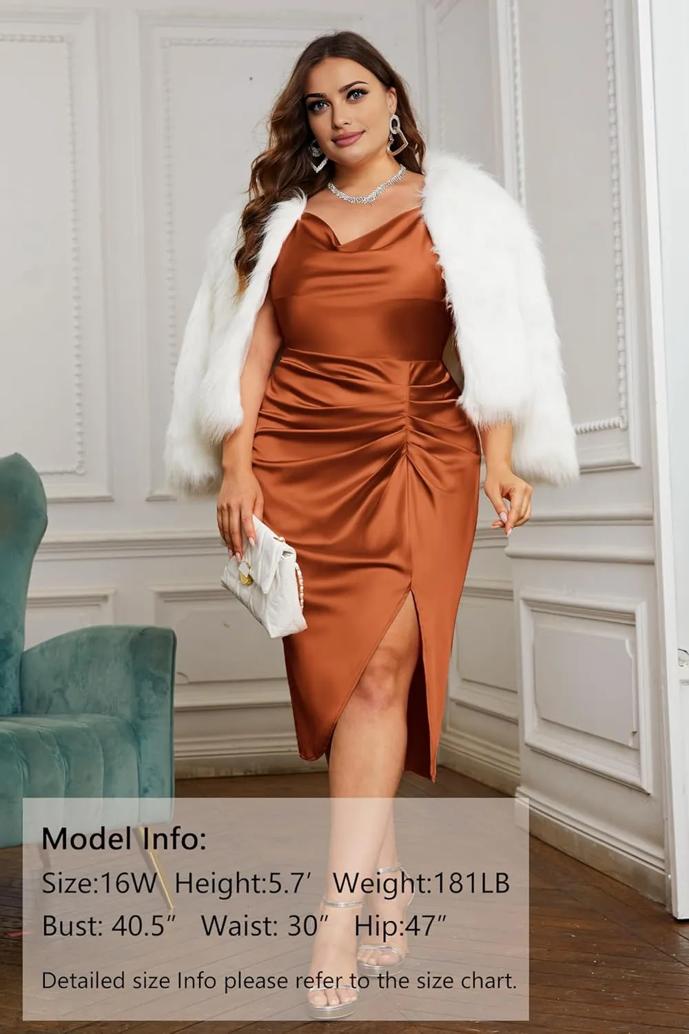 KIMCURVY Women's Plus Size Satin Dress Ruched Spaghetti Strap Cowl Neck Midi Party Cami Dress for Cocktail Party