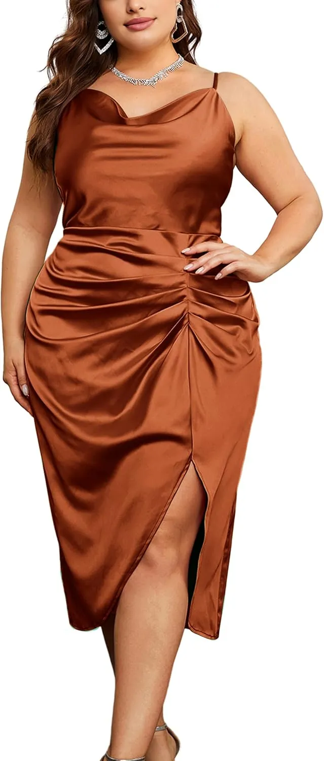 KIMCURVY Women's Plus Size Satin Dress Ruched Spaghetti Strap Cowl Neck Midi Party Cami Dress for Cocktail Party