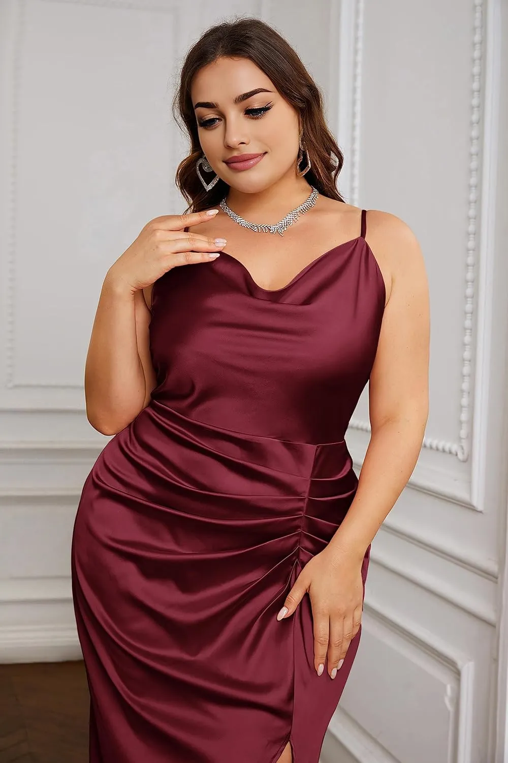KIMCURVY Women's Plus Size Satin Dress Ruched Spaghetti Strap Cowl Neck Midi Party Cami Dress for Cocktail Party