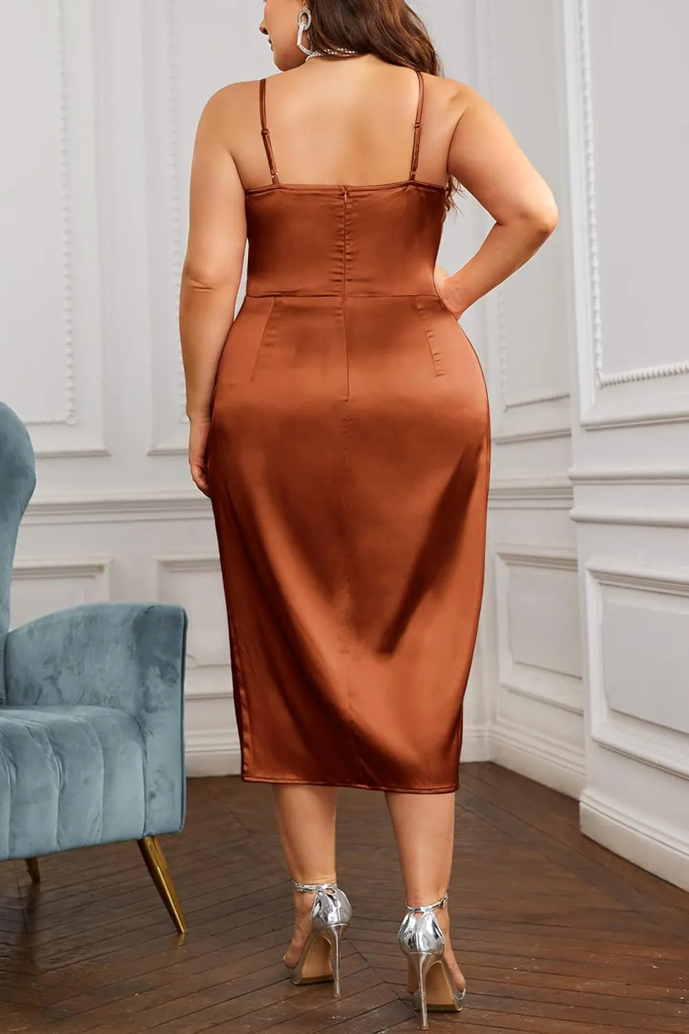KIMCURVY Women's Plus Size Satin Dress Ruched Spaghetti Strap Cowl Neck Midi Party Cami Dress for Cocktail Party
