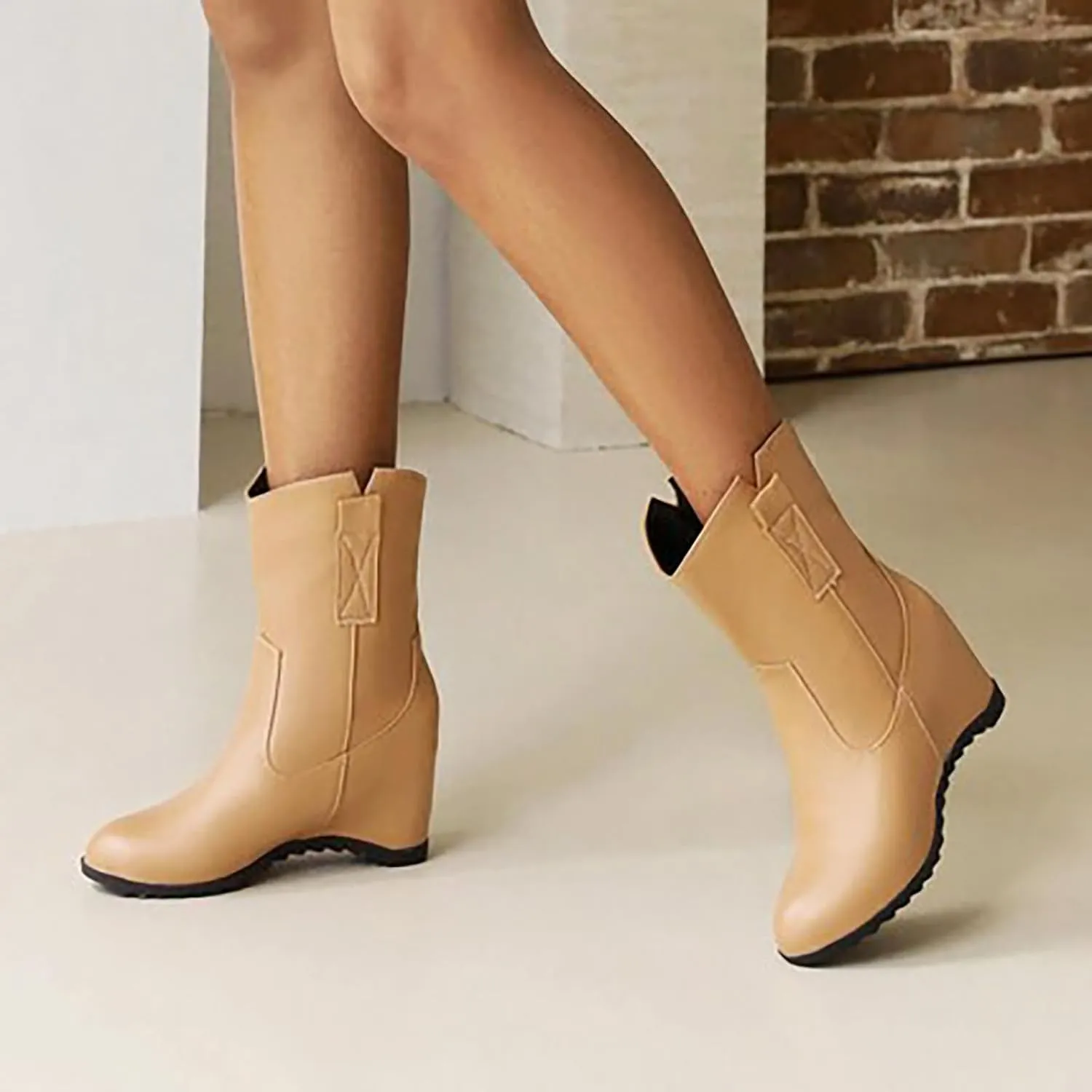 Knee High Boots Women Short Boots Solid Color Leather Round Toe Low Heel Mid Calf Boots Inner Height Western Boots
