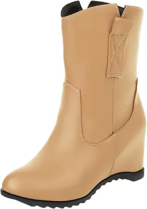 Knee High Boots Women Short Boots Solid Color Leather Round Toe Low Heel Mid Calf Boots Inner Height Western Boots