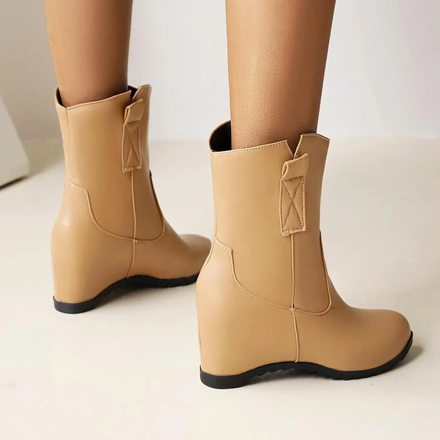Knee High Boots Women Short Boots Solid Color Leather Round Toe Low Heel Mid Calf Boots Inner Height Western Boots
