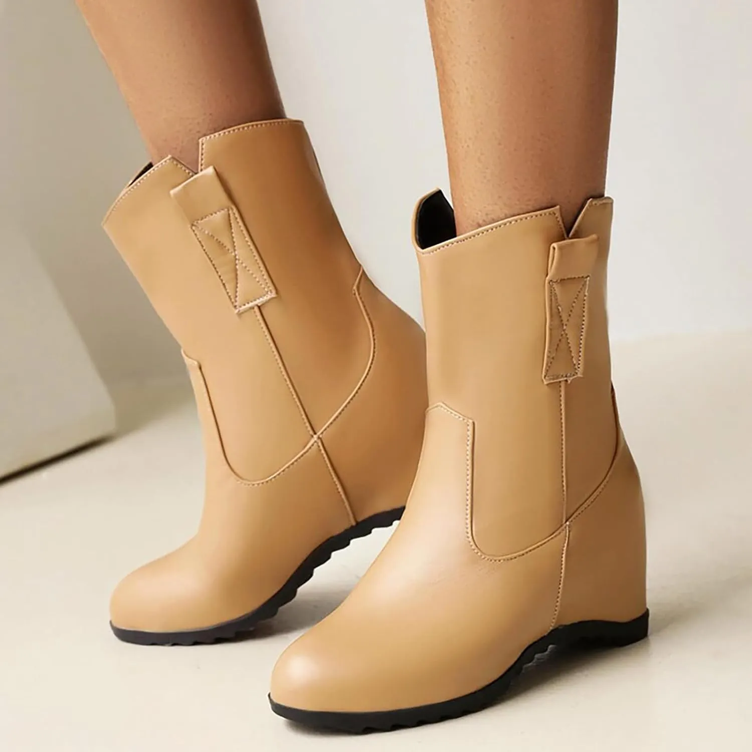 Knee High Boots Women Short Boots Solid Color Leather Round Toe Low Heel Mid Calf Boots Inner Height Western Boots