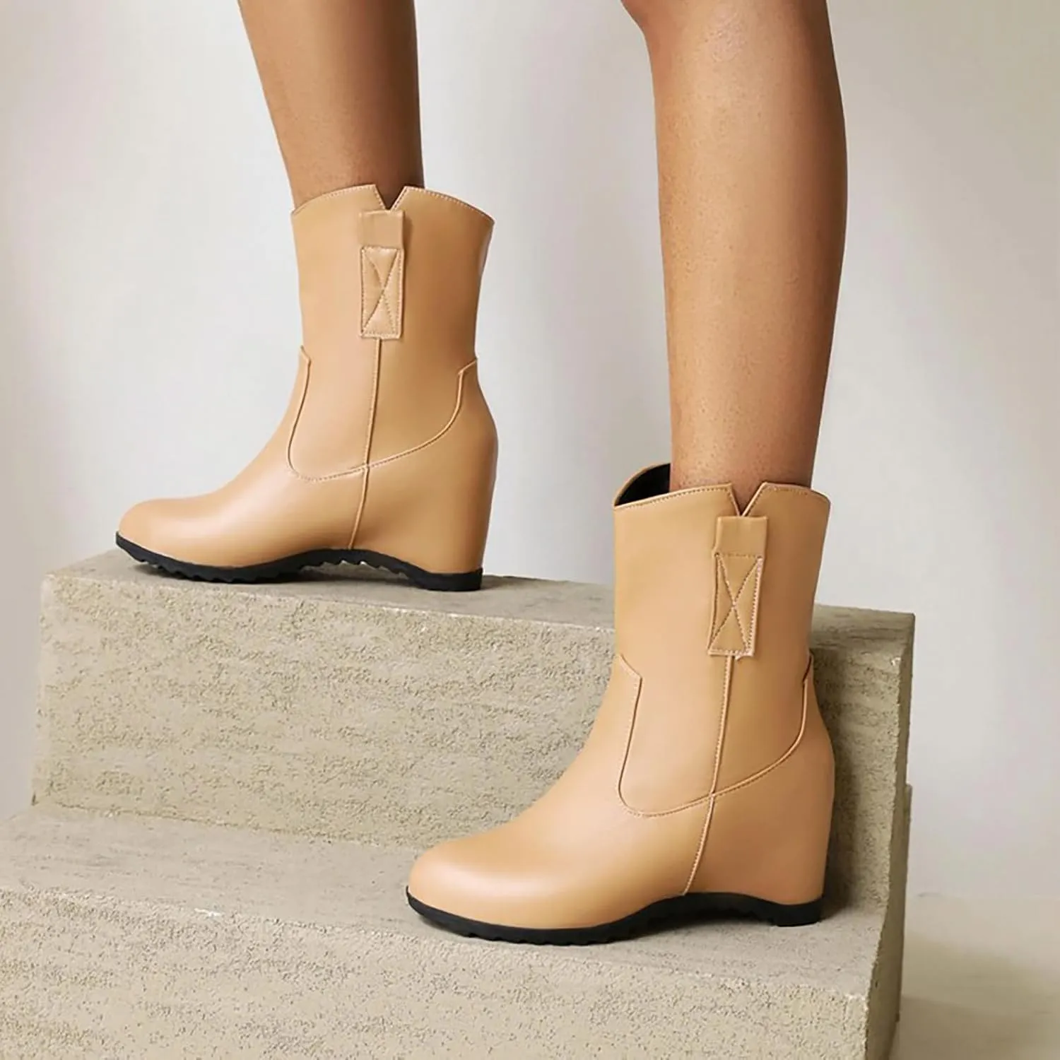 Knee High Boots Women Short Boots Solid Color Leather Round Toe Low Heel Mid Calf Boots Inner Height Western Boots