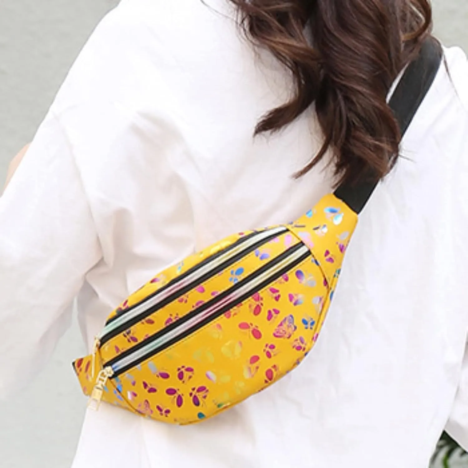 Ladies Nylon Messenger Bag Fashion Double Zipper Waist Bag Color Trend Printing Women And Men Chest (Yellow, One Size)
