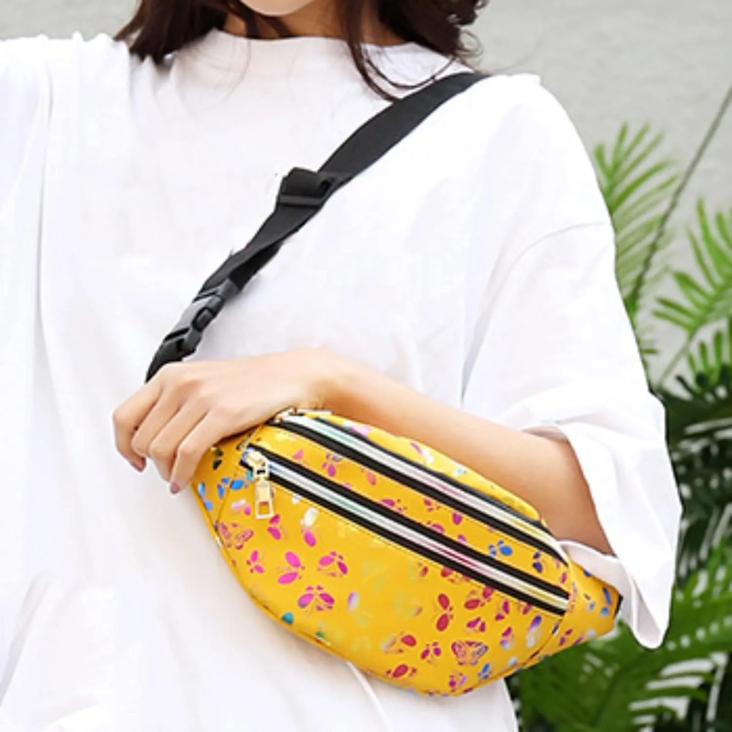Ladies Nylon Messenger Bag Fashion Double Zipper Waist Bag Color Trend Printing Women And Men Chest (Yellow, One Size)