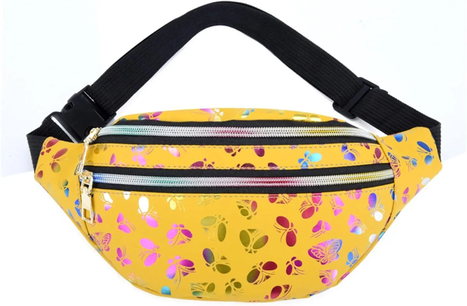 Ladies Nylon Messenger Bag Fashion Double Zipper Waist Bag Color Trend Printing Women And Men Chest (Yellow, One Size)