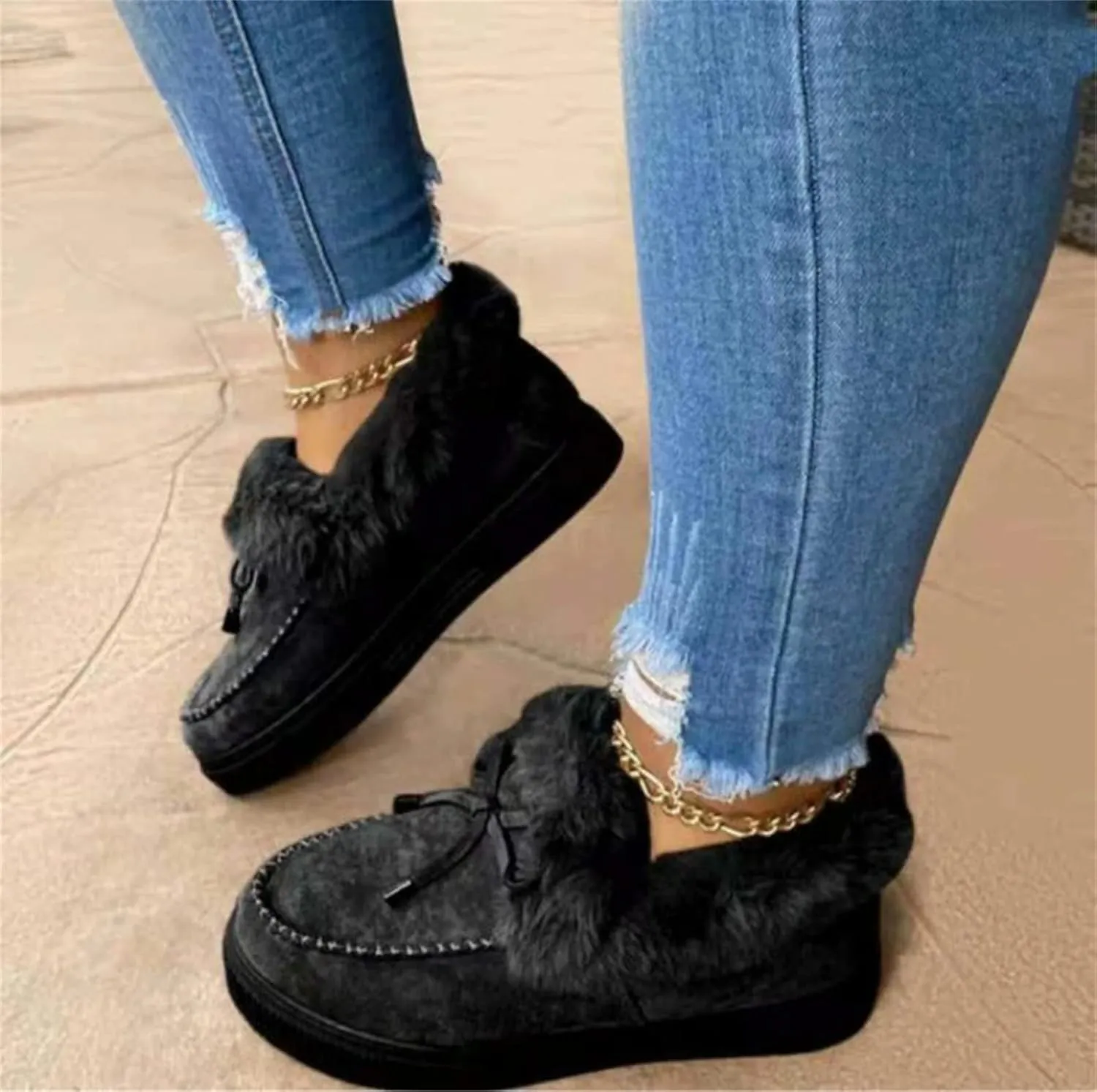 Ladmiple Booties For Women 2024 Snow Boots Winter Shoes Fur Lined Warm Slip On Ankle Boots Comfortable Walking Loafers Shoes