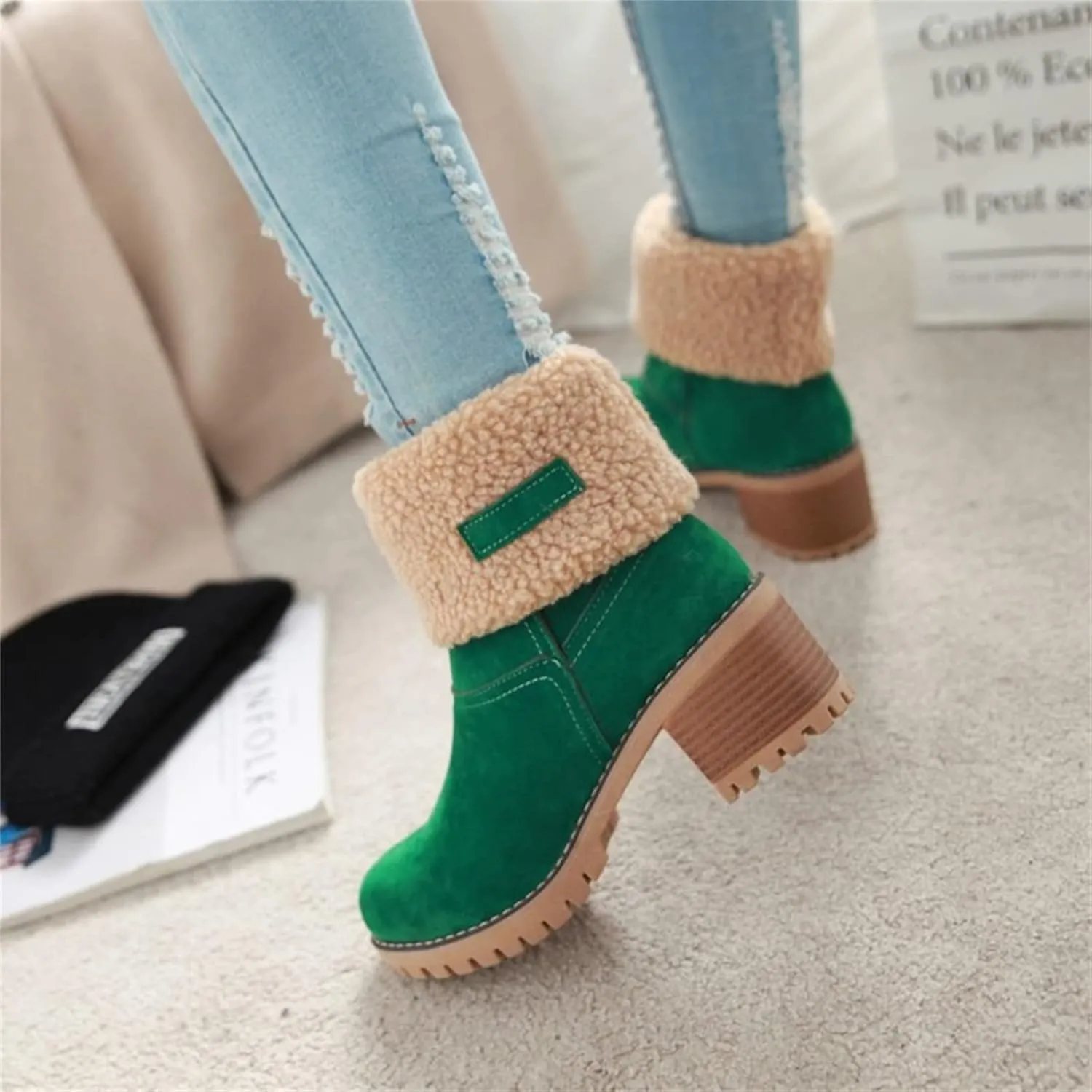 Ladmiple Winter Boots For Women Tall Mid Calf Snow Boots Warm Comfortable Outdoor Fur Lined Thickening Walking Shoes