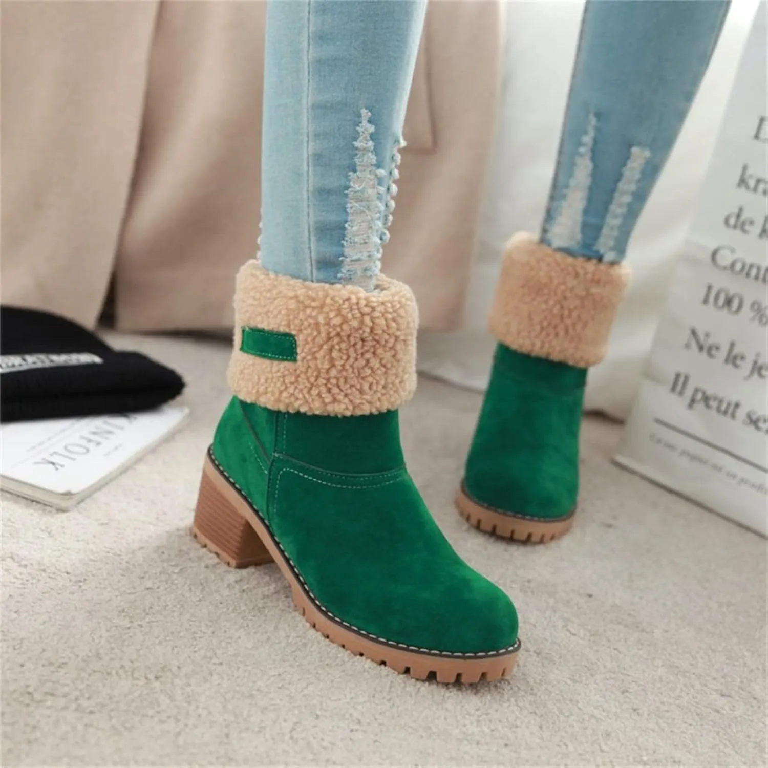 Ladmiple Winter Boots For Women Tall Mid Calf Snow Boots Warm Comfortable Outdoor Fur Lined Thickening Walking Shoes